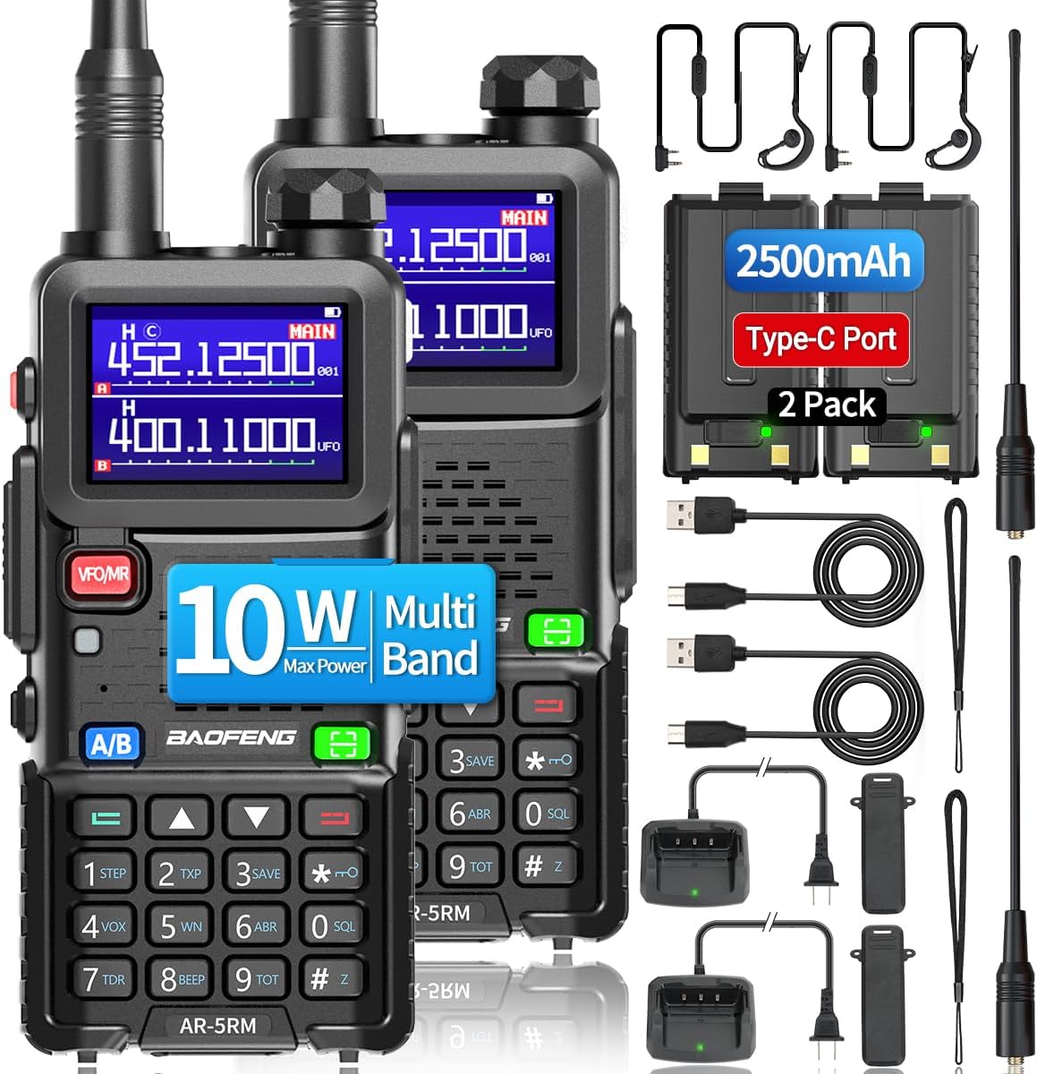 BAOFENG 5RM 10W Ham Radio Long Range AR-5RM Handheld Two Way Radio NOAA Weather Receiver Rechargeable Long Range Walkie Talkies Copy Frequency 999CH with Type-C Charging Battery (2 Pack)