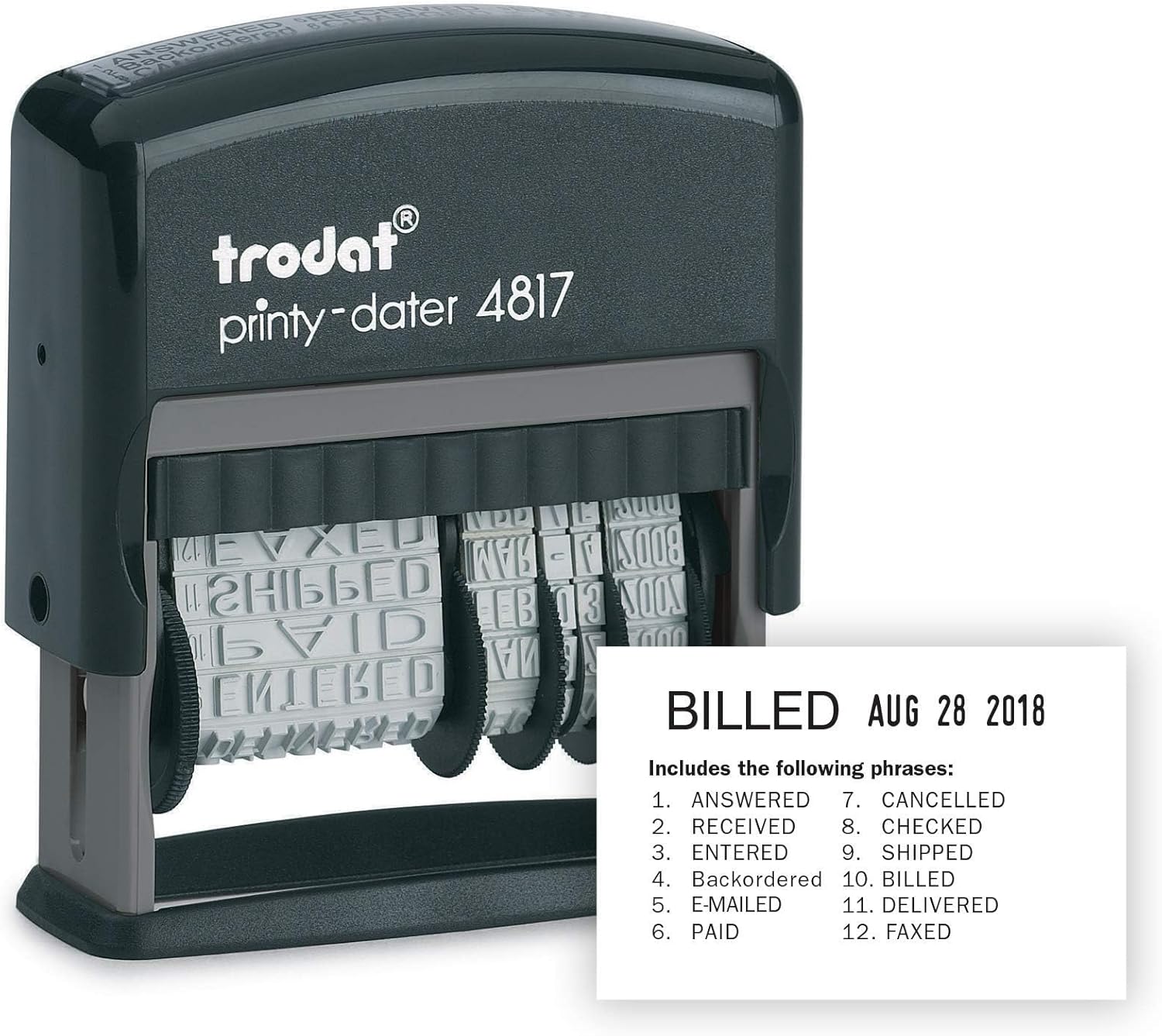 Trodat Printy 4817 Economy Dial-A-Phrase, 12 Popular Office Messages, Month in Letters, Day and Year in Numbers, Rubber Date Stamp – Self Inking (Black)