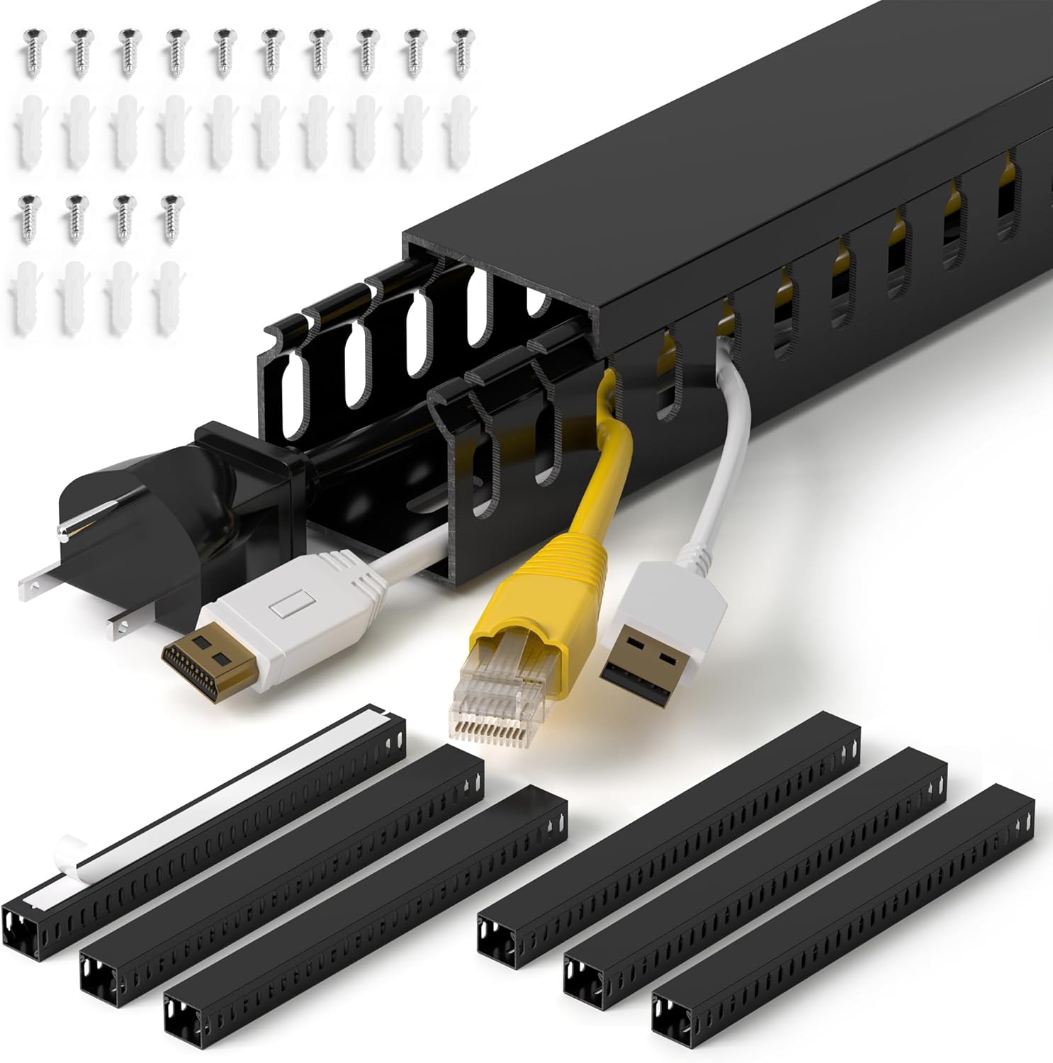 94.5in(6X L15.7in) Professional Server Rack Cable Management Raceway, H1.4 x W1.6in Cable Raceway Kit, Electrically Safe PVC Open Slot Wire Raceway for Under Desk/Computer/Network Cords, Black