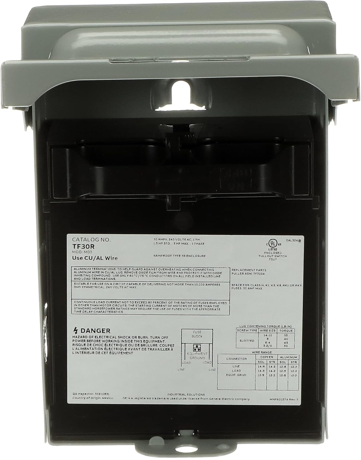 ABB TF30RCP • Weatherproof Fused AC Disconnect Switch • AC Disconnect 30A 240V • 1 Phase N3R • Horsepower Rated • 10kAIC