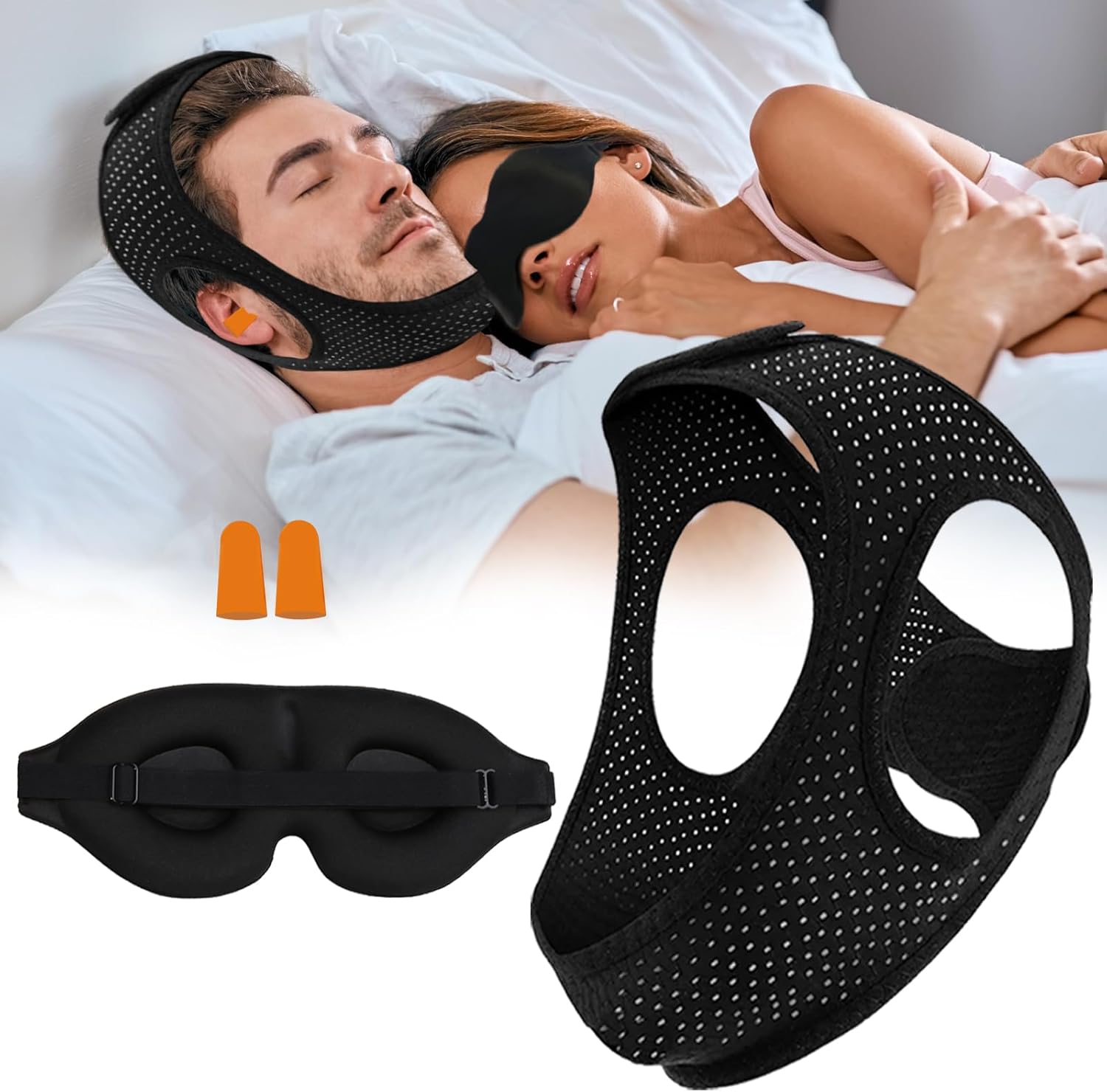 Anti Snoring Devices, Chin Strap for Sleeping Comfortable Effective Stop Snoring, Adjustable Breathable Anti Snore Chin Strap, Snoring Solution to Keeping Mouth Closed, with Eye Mask, Black