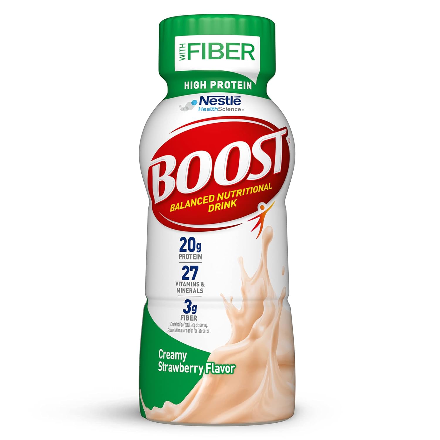 BOOST High Protein with Fiber Complete Nutritional Drink, Creamy Strawberry, 8 fl oz Bottle, 24 Pack