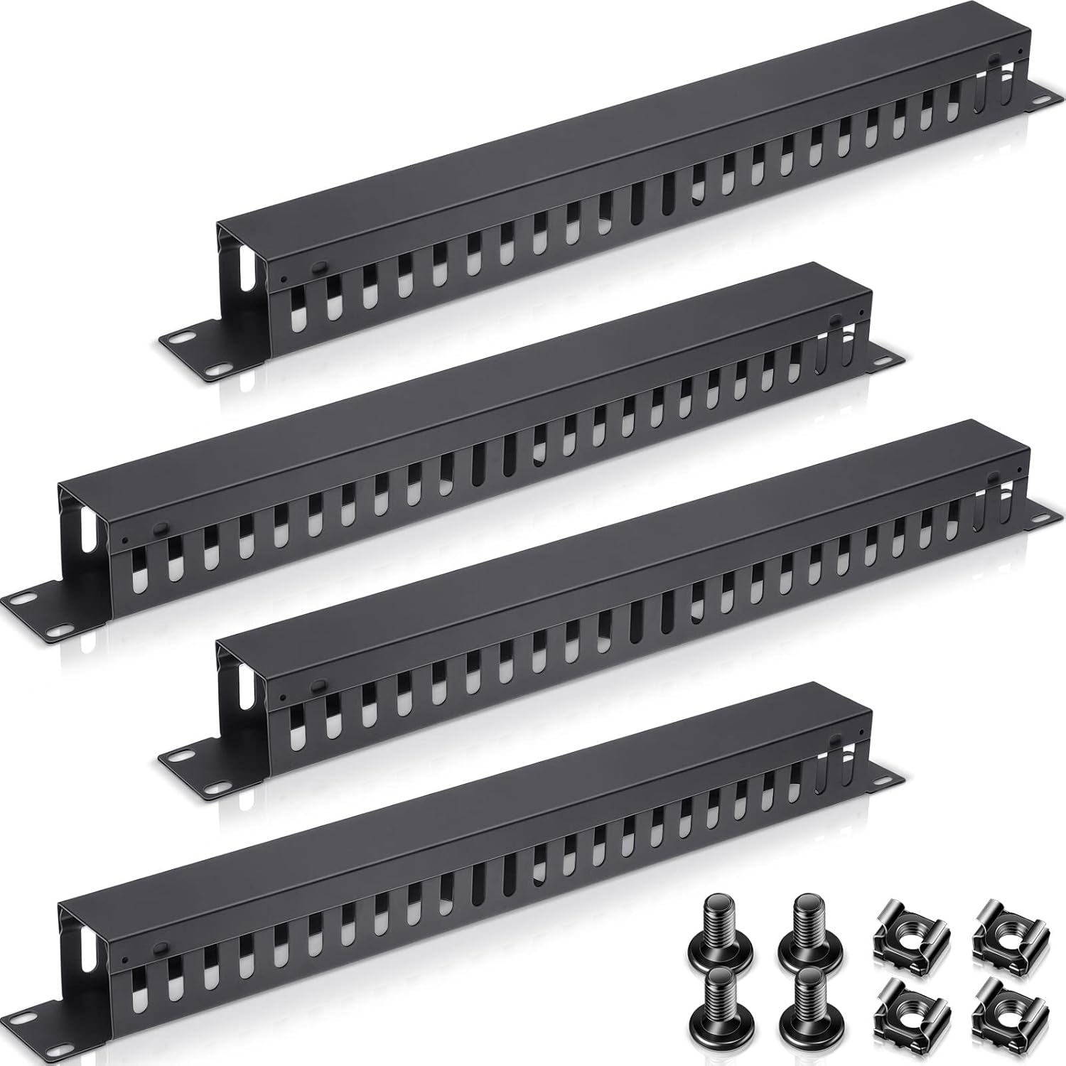 4 Pack 1U 19 Inch Cable Manager 24 Slot Horizontal Rack Mount Wire Management Server Rack Cable Management Metal Finger Duct Wire Organizer with Cover and Mounting Screws for Network Cabinet, Black