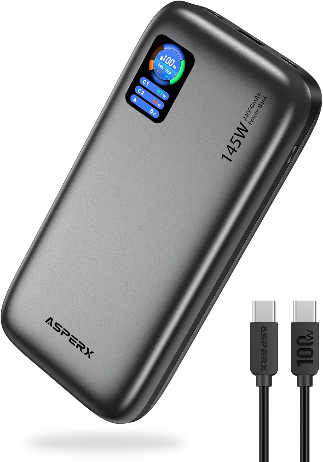 AsperX Power Bank,24,000mAh 145W Portable Charger,TFT Smart Display,3-Port USB C PD 3.1 Fast Charging Battery Pack for Laptop MacBook,ipad,iPhone 15/14/13, Dell XPS, Galaxy S24, Steam Deck, AirPods