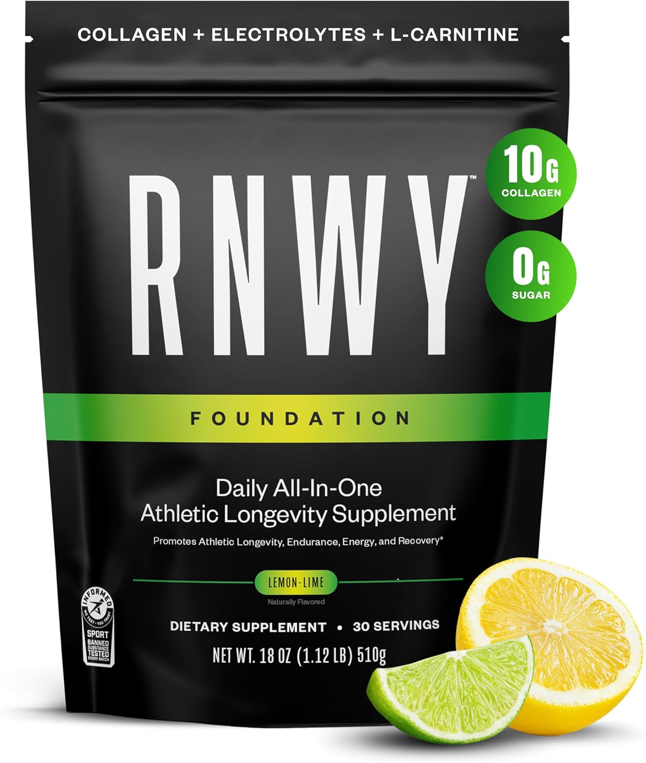 RNWY Lemon Lime Foundation Collagen Powder, Daily Joint Support with Electrolytes and Multivitamin, 10g Collagen Peptides, Sugar Free, 30 Servings