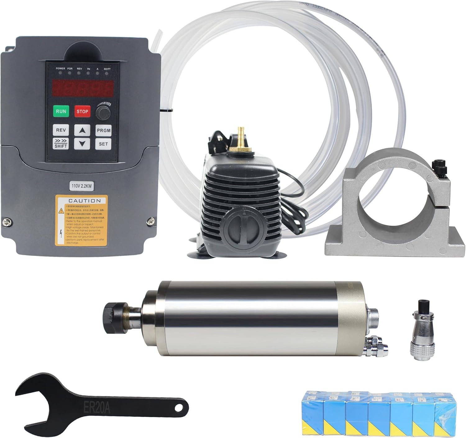 RATTMMOTOR 2.2KW Water Cooled Spindle Kit 110V Spindle Motor 24000RPM+2.2KW VFD 110V Inverter 3HP Variable Frequency Drive+80mm Spindle Mount+80W Water Pump+ER20 Collet for CNC Router Milling Machine