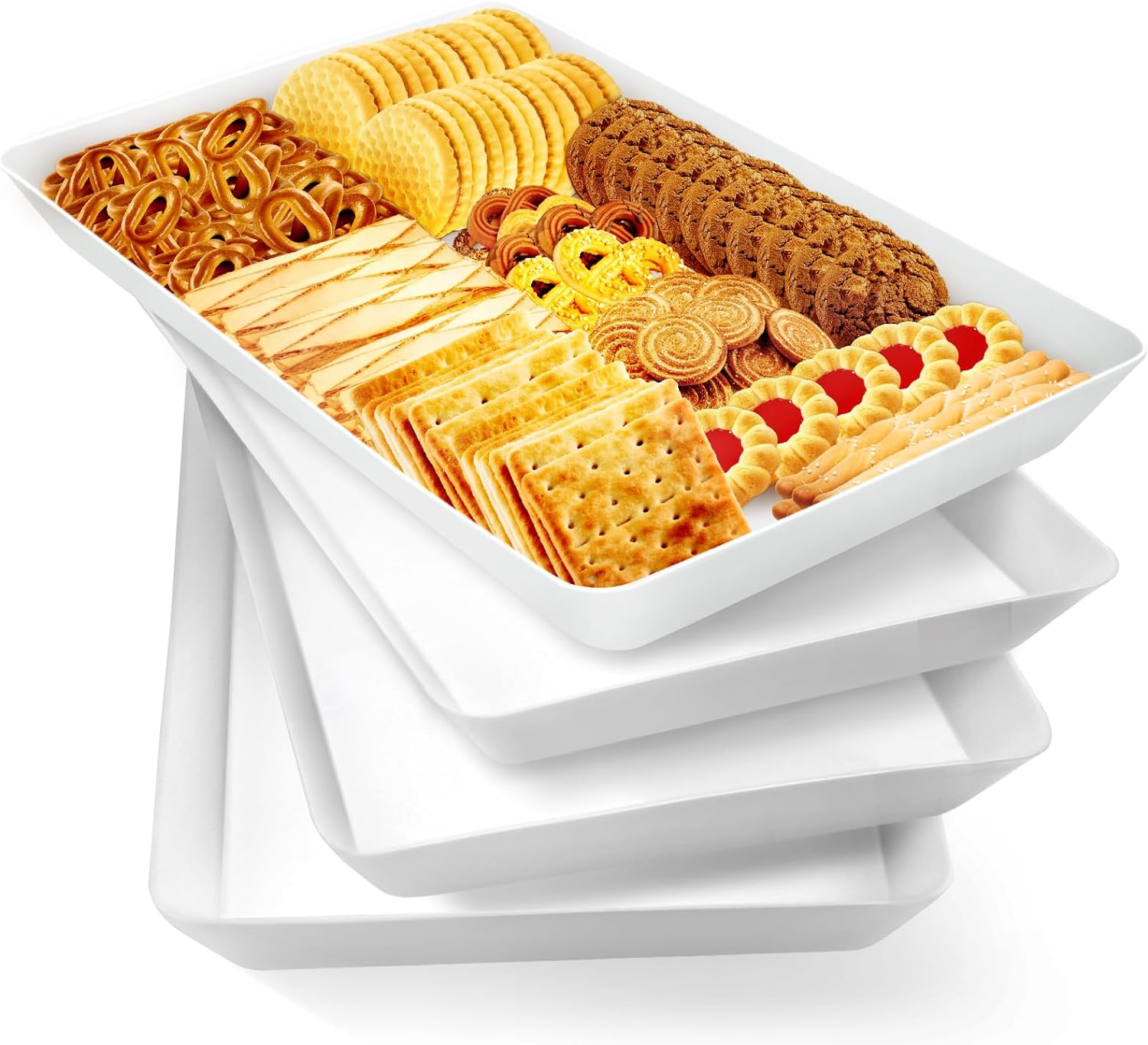 WOWBOX 4 pcs Serving Tray for Entertaining, Serving Platters for Snacks, Fruit, Cookies, Dessert, Reusable Plastic Trays for Serving Food and Pantry Organization in Kitchen & for Parties