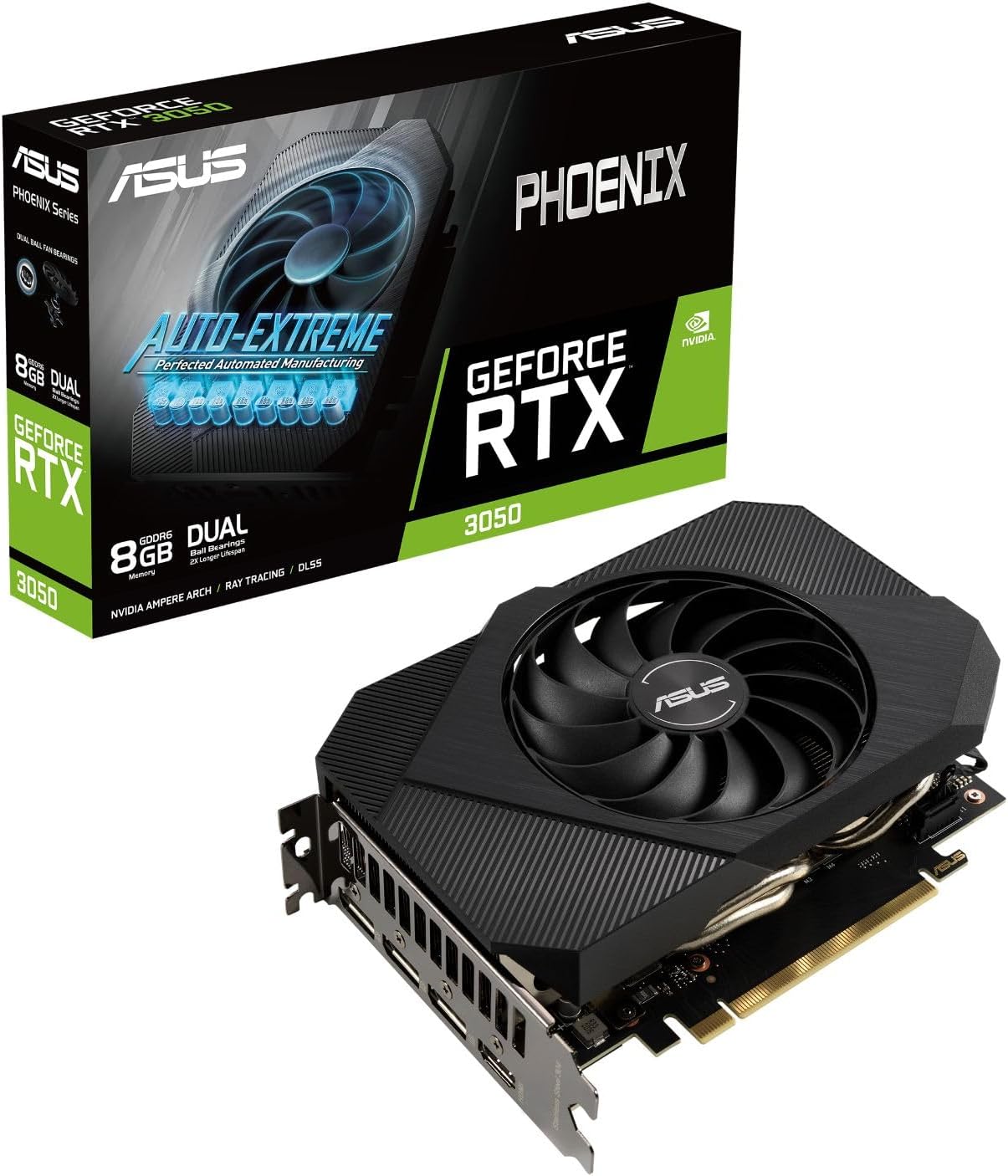 ASUS Phoenix NVIDIA GeForce RTX 3050 Gaming Graphics Card – PCIe 4.0, 8GB GDDR6 Memory, HDMI 2.1, DisplayPort 1.4a, Axial-tech Fan Design, Protective Backplate, Dual Ball Fan Bearings, Auto-Extreme