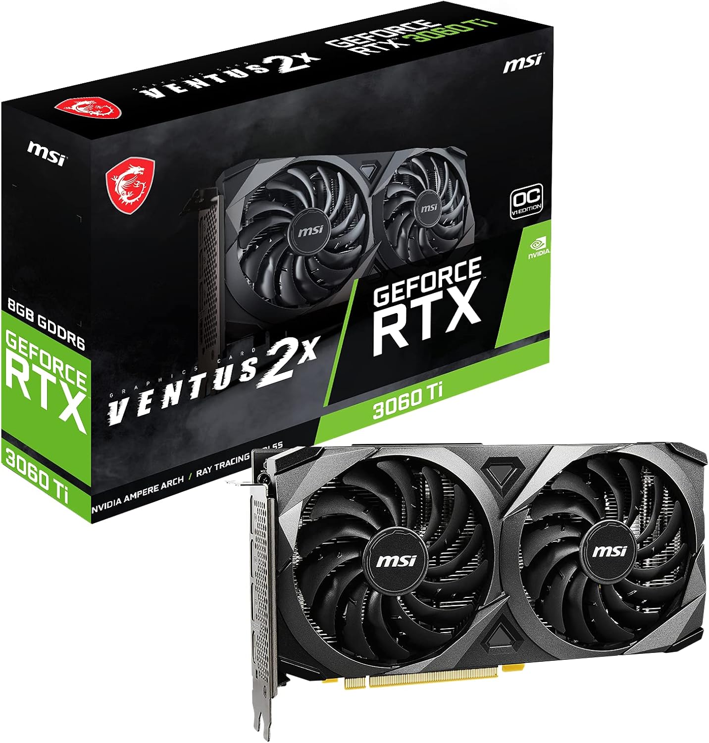 GIGABYTE MSI Gaming GeForce RTX 3060 Ti LHR 8GB GDRR6, Boost Clock: 1695 MHz, 256-Bit, HDMI/DP, Nvlink, Torx Fan 3, Ampere Architecture OC Graphics Card (RTX 3060 Ti Ventus 2X 8G OCV1 LHR)