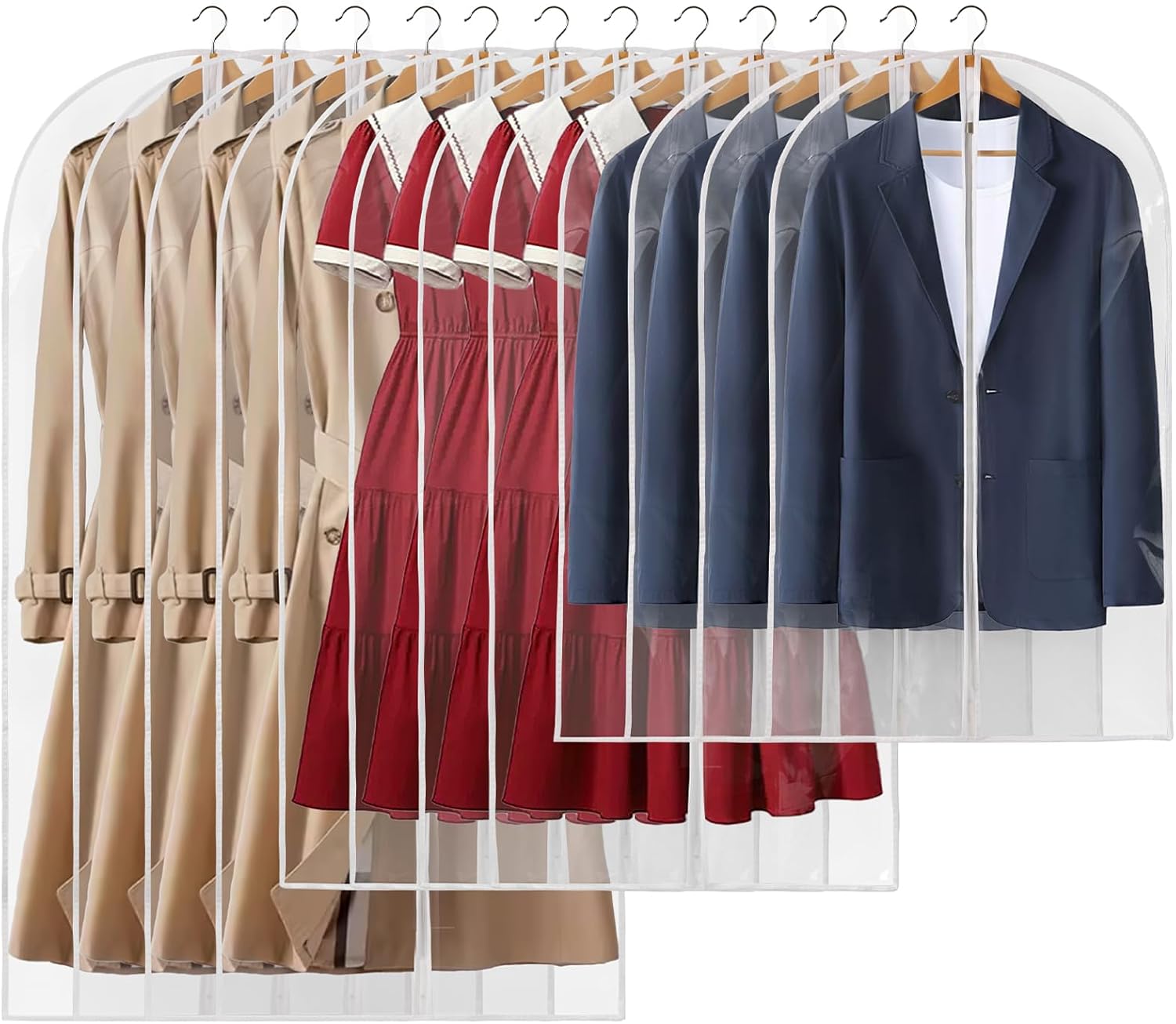 12 Packs All Clear Garment Bags for Hanging Clothes, Suit Bags for Closet Storage, Plastic Waterproof Suit Cover Bags with Zipper for Coats, Jackets, Dresses (24″ x 40″ & 50″ & 60″)