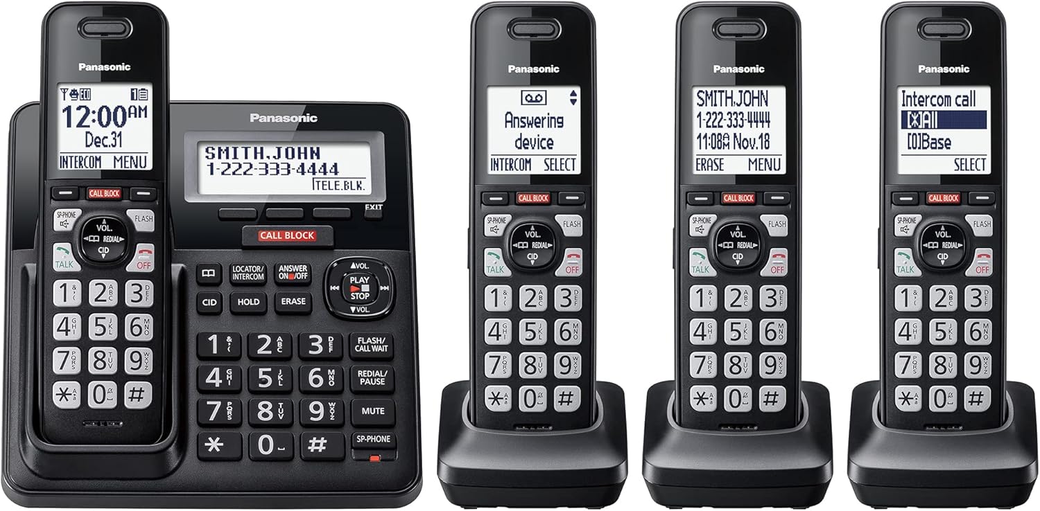 Panasonic Cordless Phone with Advanced Call Block, One-Ring Scam Alert, and 2-Way Recording with Answering Machine, 4 Handsets – KX-TGF944B (Black)