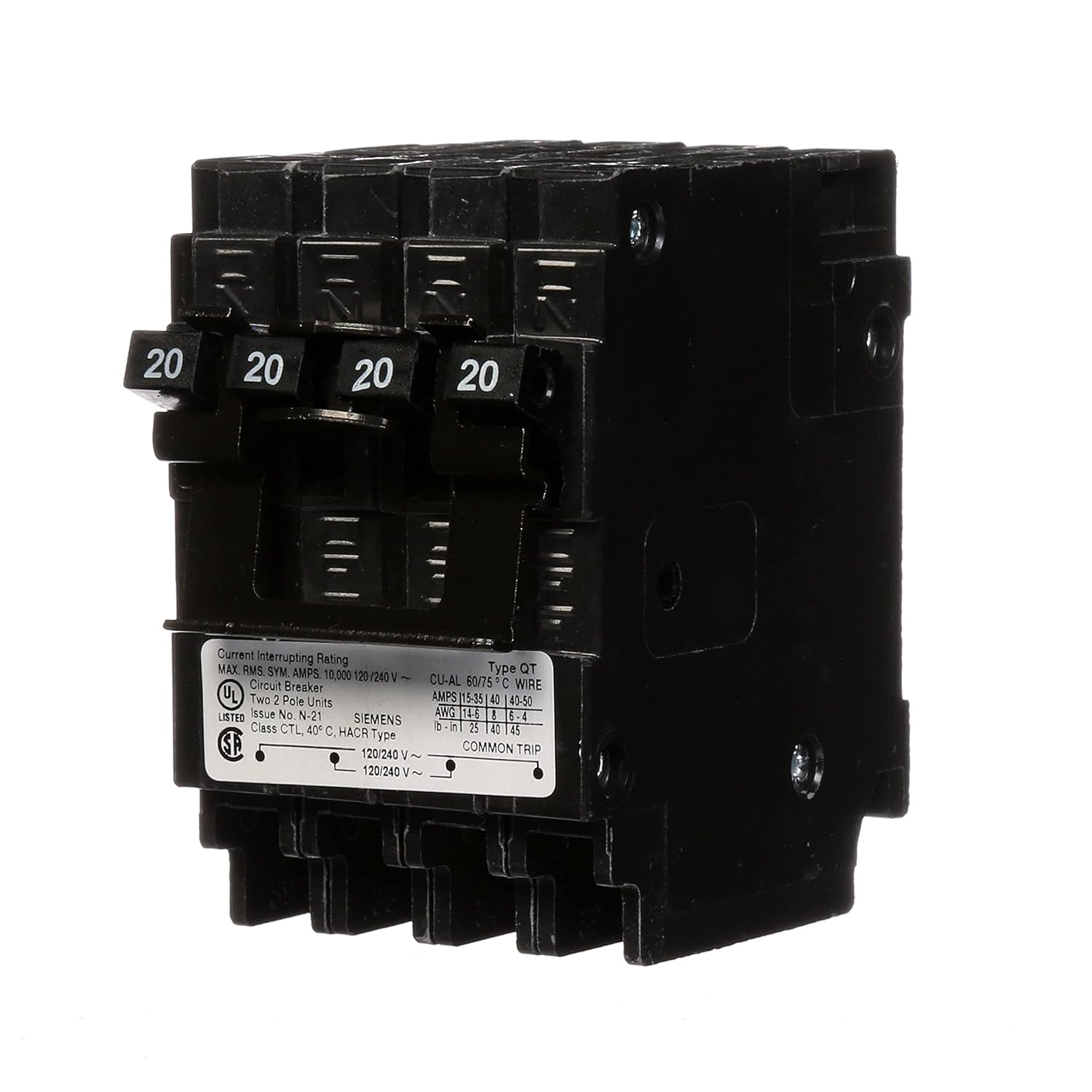 SIEMENS Q22020CT2 Two 20-Amp Double Pole Circuit Breaker, As Shown in The Image