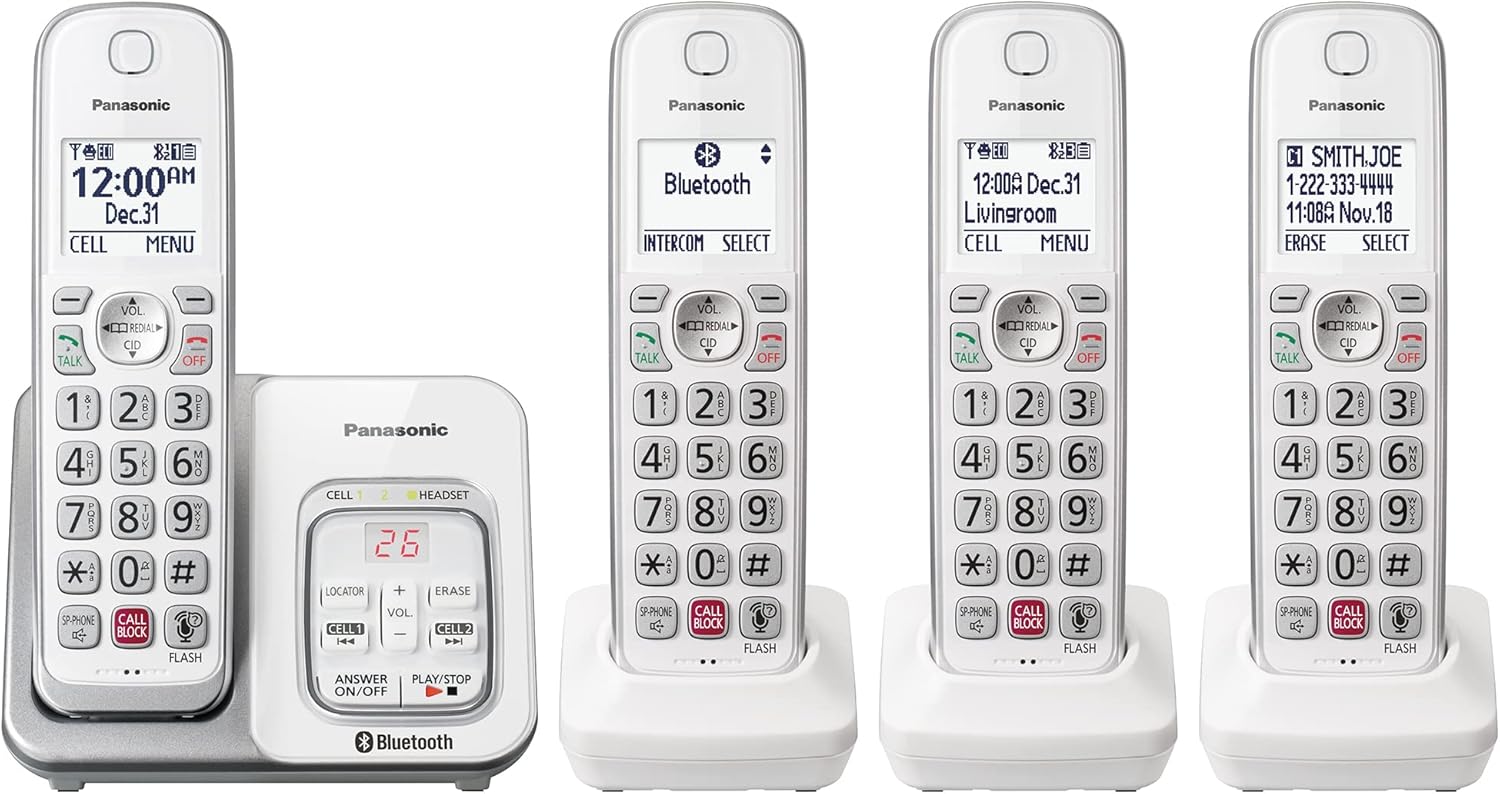 Panasonic Cordless Phone with Answering Machine, Link2Cell Bluetooth, Voice Assistant and Advanced Call Blocking, Expandable System with 4 Handsets – KX-TGD864W (White)