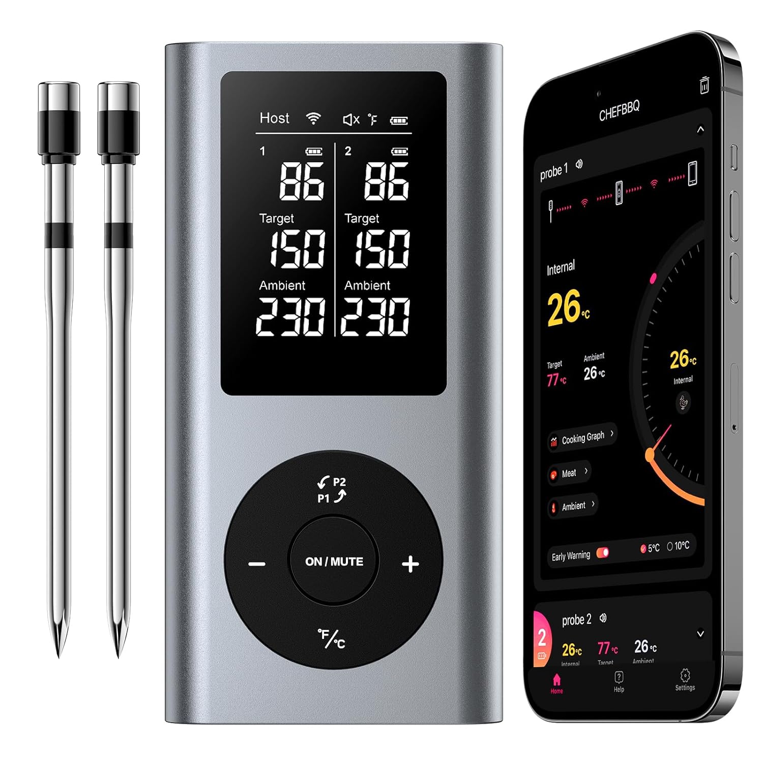 Meat Thermometer Digital Wireless with 2 Probes, 800FT Long Range Bluetooth Cooking Thermometer, Food Thermometer for Remote Monitoring of Grill, Oven, Smoker, Air Fryer, iOS & Android App