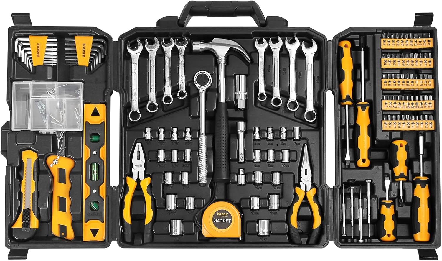 KREBS 168 Piece Hand Tool Kit and Tool Set, General Household Hand Tool Kit, Auto Repair Hand Tool Kit Wrench Tool Box Set with Plastic Storage Case, For Home Repairing & Maintenance