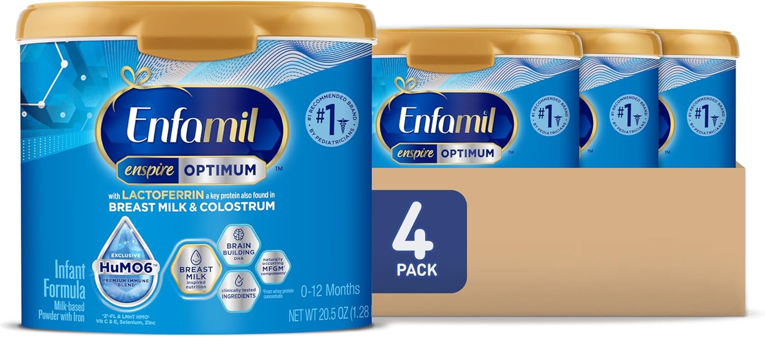 Enfamil Enspire Optimum Baby Formula, with Immune-Supporting Lactoferrin, Our Closest Formula to Breast Milk, Brain Building DHA, Dual Prebiotics, Infant Formula Powder, Baby Milk, 20.5 Oz, Pack of 4