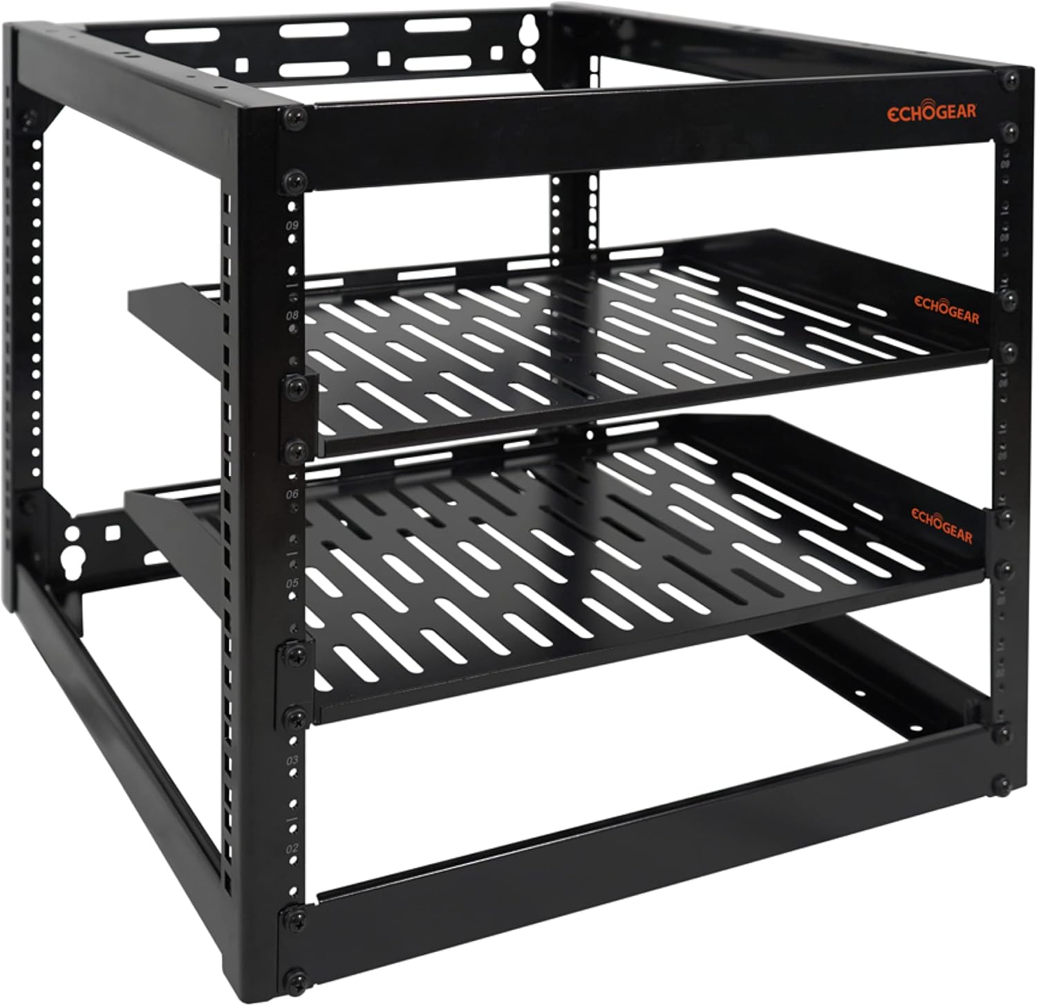 ECHOGEAR 10U Network Rack – Wall Mountable Heavy Duty 4 Post Design Holds All Your Networking & AV Gear – Open Frame Design Includes 2 1U Vented Shelves & Mounting Hardware