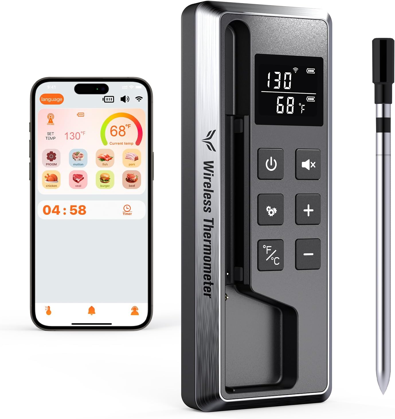 Meat Thermometer Digital Wireless, 800FT Long Range Bluetooth Cooking Thermometer, Food Thermometer for Remote Monitoring of Grill, Oven, Smoker, Air Fryer, Rotisserie, iOS & Android App