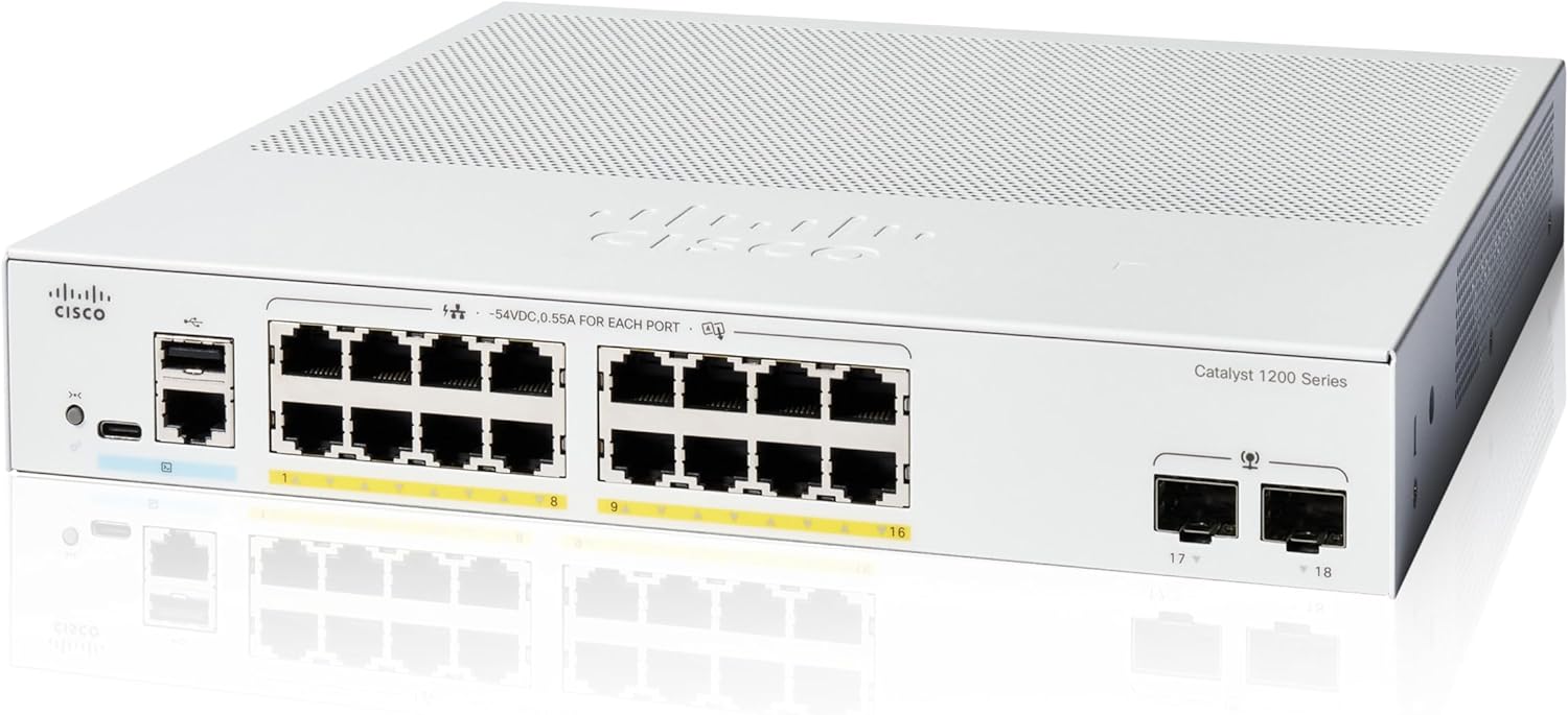 Cisco Catalyst 1200-16P-2G Smart Switch, 16 Port GE, PoE, 2x1GE SFP, Limited Lifetime Protection (C1200-16P-2G)