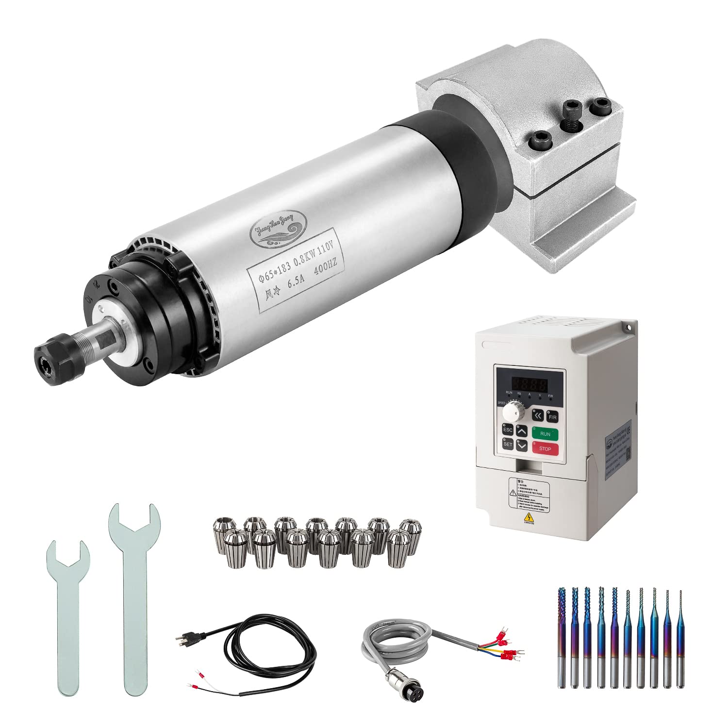 CNC Spindle Motor Kits, 110V 800W 0.8KW Air Cooled Spindle CNC Spindle +110V 0.75KW VFD+Φ65mm Clamp Mount +Collet Set ER11+ Drill bits+ Wires+ Wrenches for CNC Router Machine