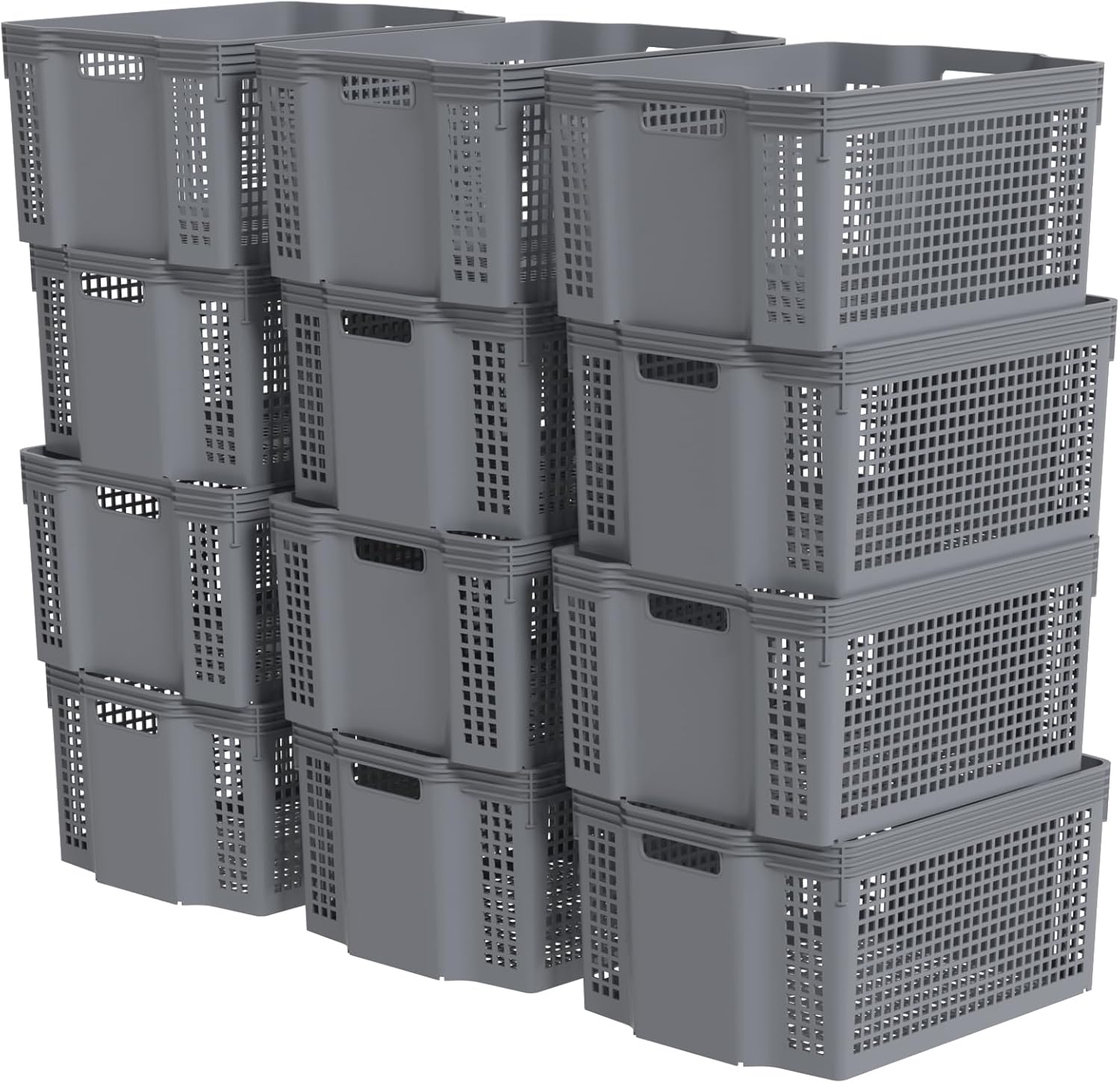 12 Pack Large Plastic Stackable Baskets Organizer, Grey Stacking Storage Basket Bin for Pantry, Shelves