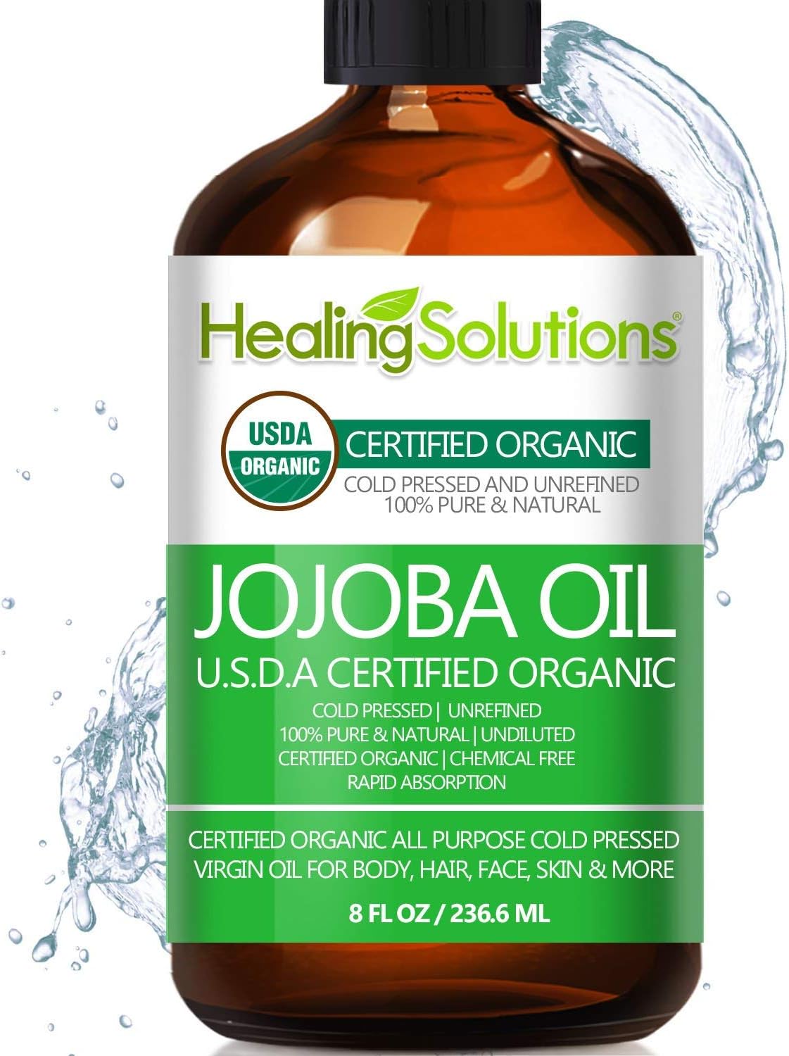 Healing Solutions Oils – 8 oz Jojoba Oil Organic Pure & Natural, Cold Pressed Unrefined, Hexane & Chemical Free, All-Natural Solution for Face & Hair, Fights Acne, Moisturizes Skin