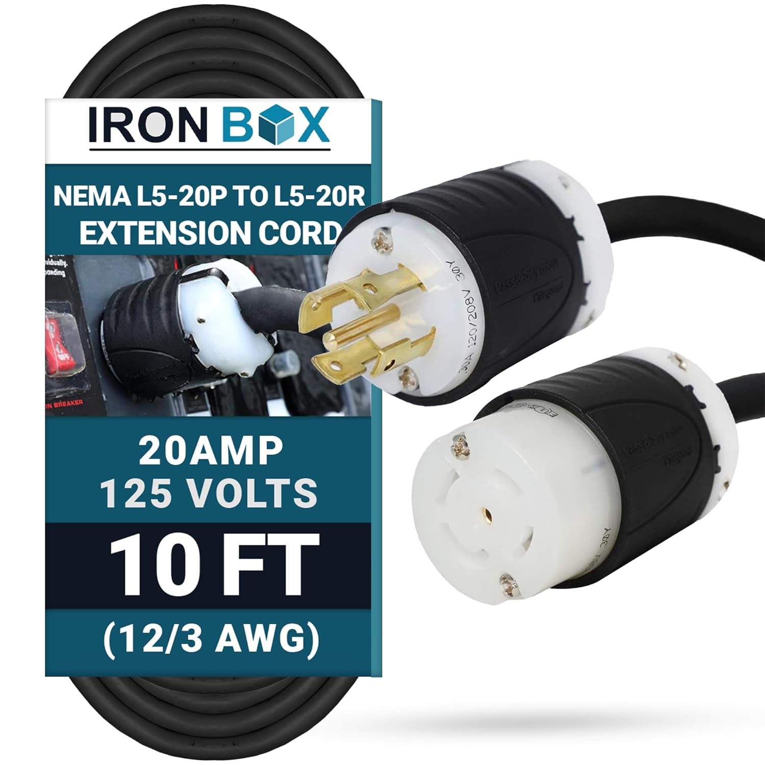 IronBox Electric NEMA L5-20P to L5-20R Power Cord – 20A, 125V, 12/3 AWG SJT – UL Listed Power Cable Adapter – Heavy Duty Extension Cord for Outdoor, Generator, Data Center & More (10 ft, Custom Built)