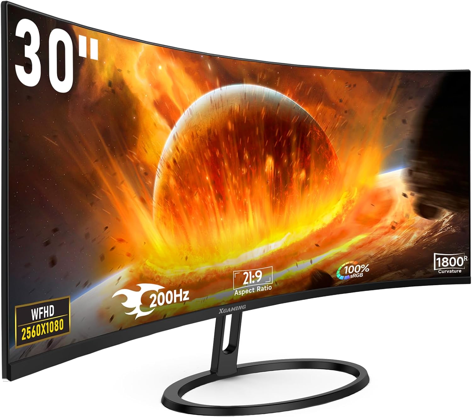 memzuoix 30 Inch Ultra Wide Curved Monitor 200Hz WFHD, 1800R Curved Gaming Monitor 2560x1080p, 1ms, 100% sRGB, FreeSync, HDMI DP Display, Dual Speakers, VESA, PC Monitor with Rainbow Lights, Black