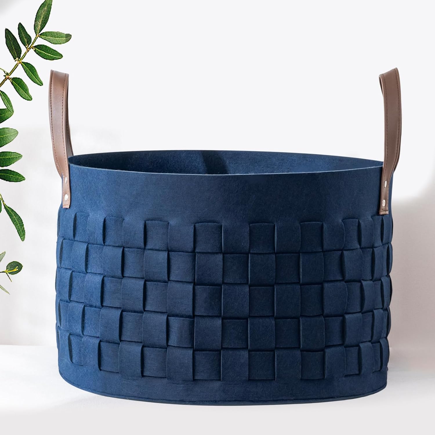 Laundry Basket 20″ x20 ” x11.8 “,Extra Large Round Blanket Basket with Leather Handle, Felt Storage Basket for Living Room, Nursery, Dog Toys-Navy Blue