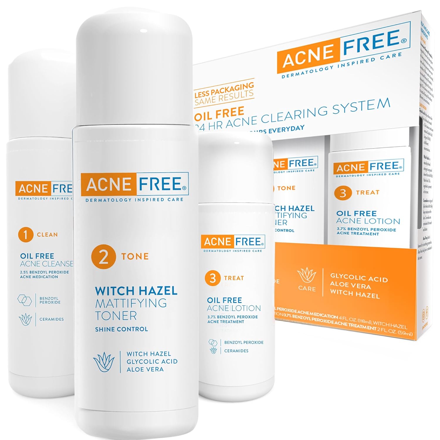 Acne Free 3 Step 24 Hour Acne Treatment Kit – Clearing System W Oil Free Acne Cleanser, Witch Hazel Toner, & Oil Free Acne Lotion – Acne Solution W/ Benzoyl Peroxide for Teens and Adults – Original