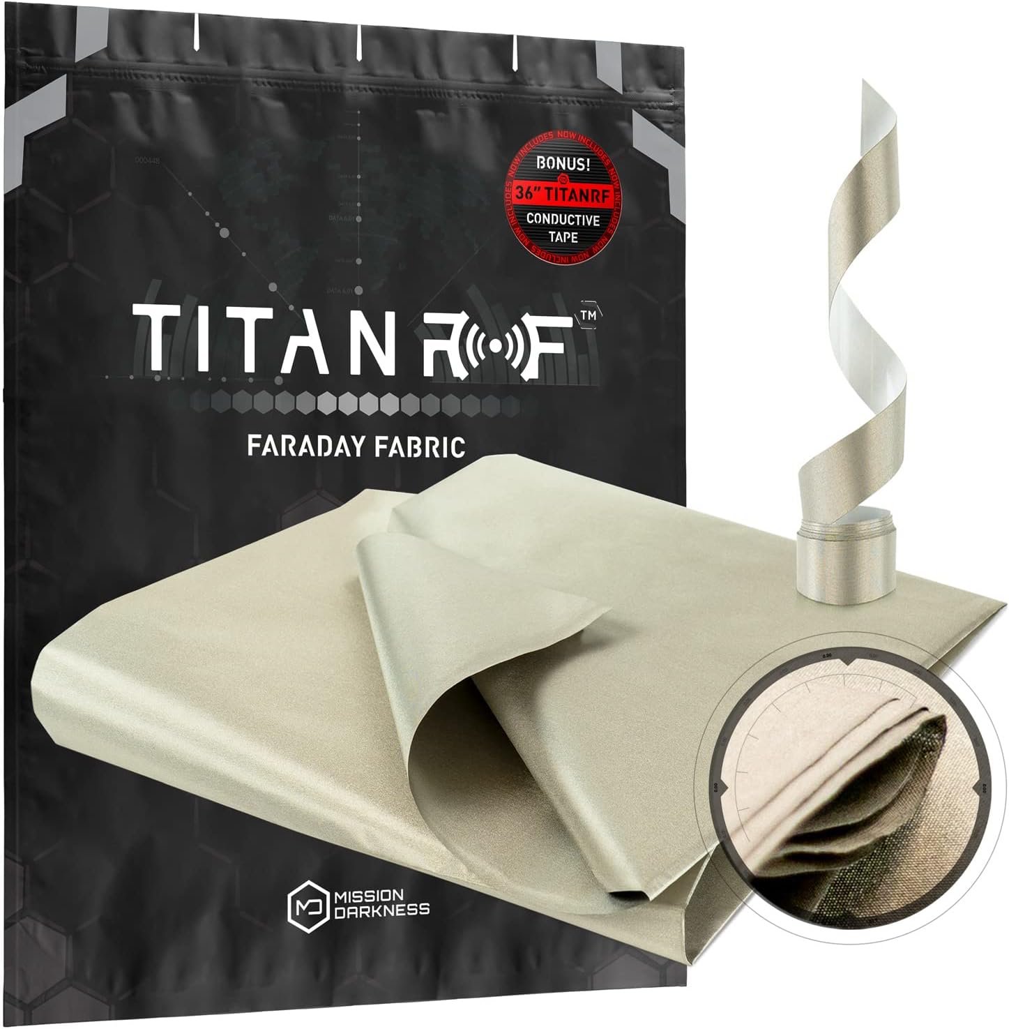 Mission Darkness TitanRF Faraday Fabric Kit 1 Yard // 44″ W x 36″ L Fabric + 36″ L Tape Military Grade Conductive Nickel Copper Polyester Material Blocks RF Signals WiFi Cell Bluetooth RFID EMF