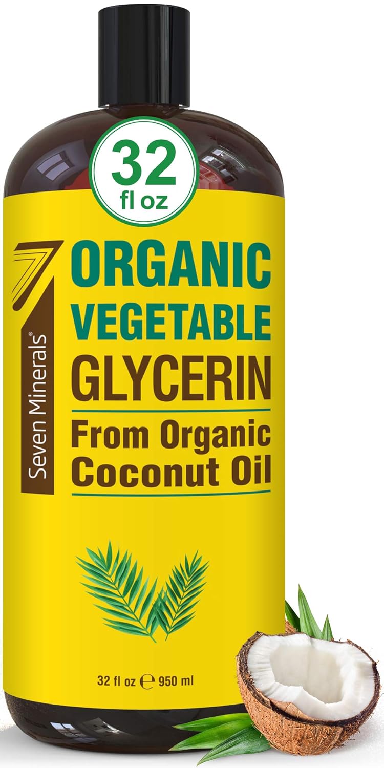 Seven Minerals, Organic Vegetable Glycerin – Big 32 fl oz Bottle – No Palm Oil, Made with Organic Coconut Oil – Therapeutical Grade Glycerine for DIYs – Hair, Nails & Skin Moisturizer – Non-Gmo