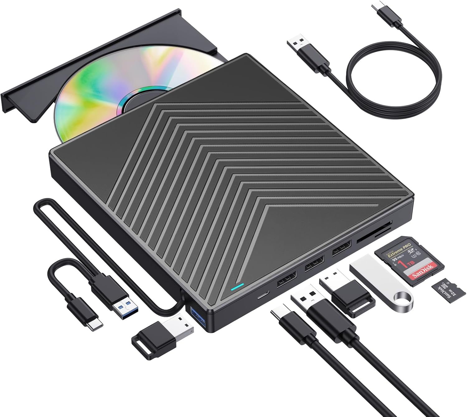 ROOFULL External CD DVD Drive, USB 3.0 & USB-C CD/DVD Burner Player with 4*USB Ports and 2*SD/TF Card Reader, Portable CD/DVD-ROM +/-RW Disk Drive Adapter for Laptop PC Mac Windows 11/10/8/7 Linux