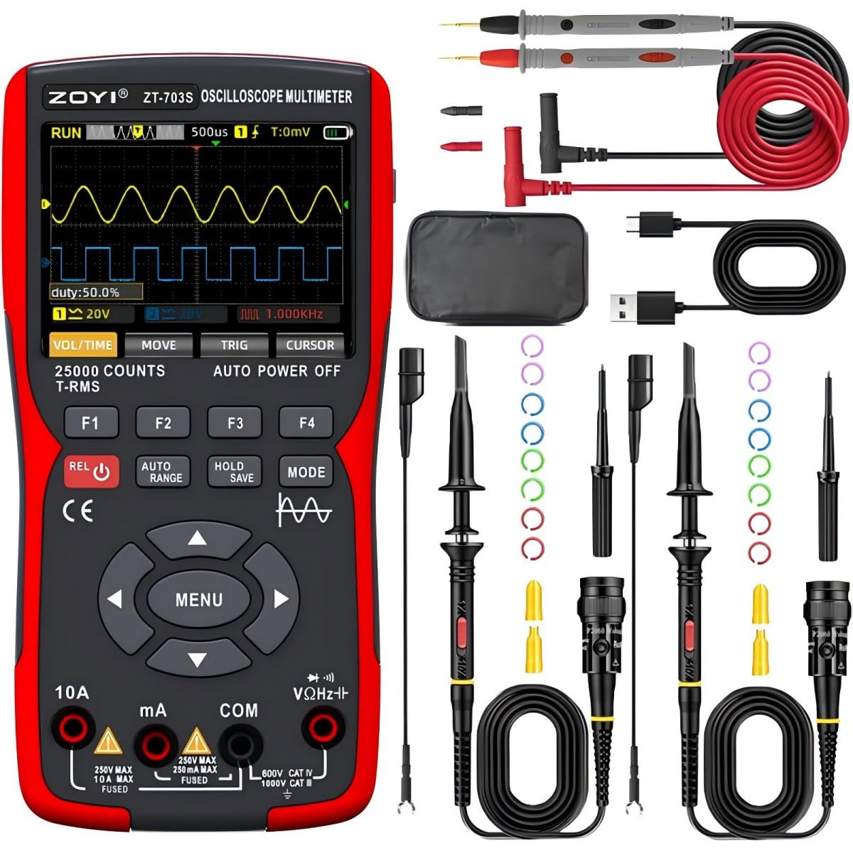 3 in 1 Handheld Oscilloscope Automotive Dual Channel 50MHz with Digital Multimeter and Signal Generator