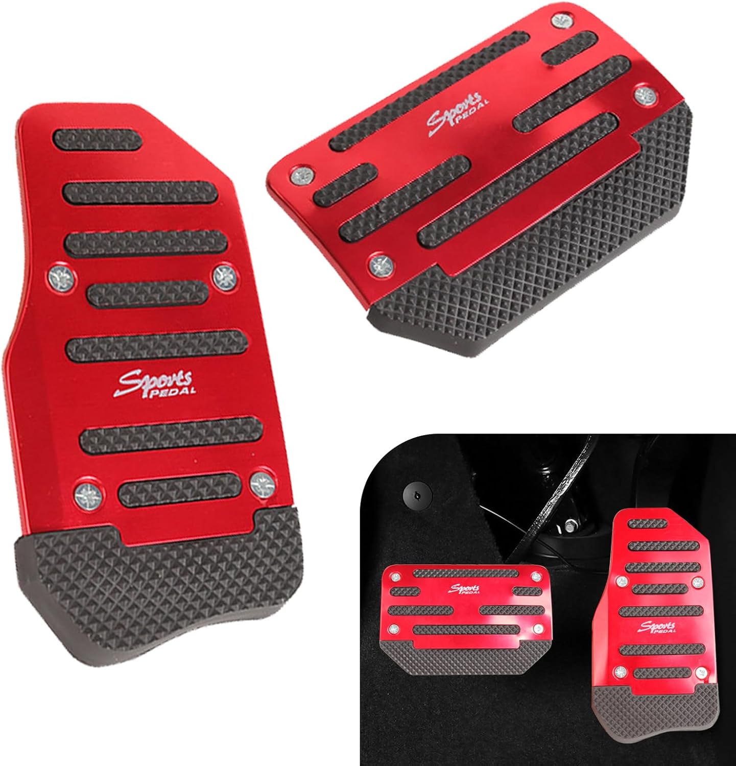 Pack-2 Car Automatic Transmission Foot Pedal Set, 5.12″ x 3.54″ + 5.91″ x 3.11″ Brake Accelerator Anti-Slip Safety Pedal Cover, Alloy Anti-Rust Sports Decoration, Universal for Cars (Red)