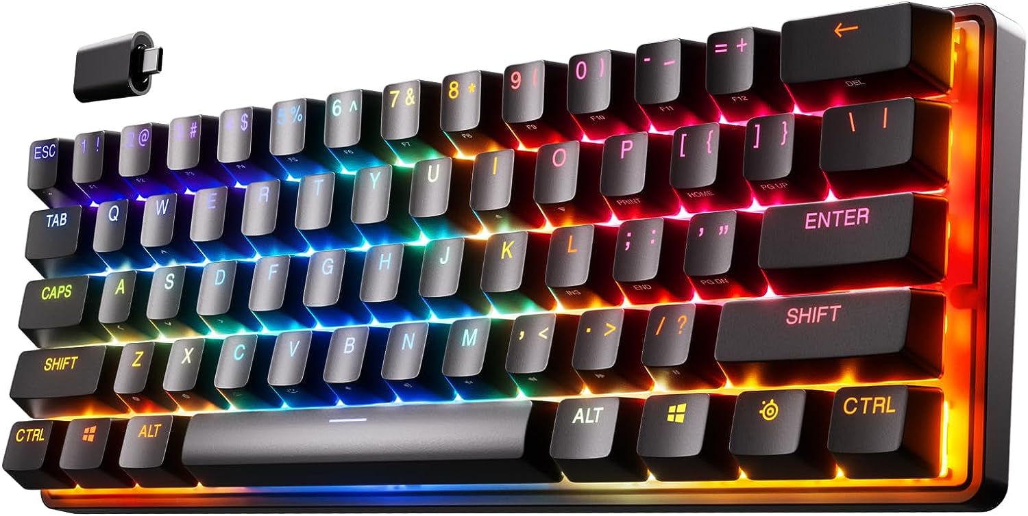 SteelSeries Apex Pro Mini Wireless HyperMagnetic Gaming Keyboard – Compact 60% Form Factor – Adjustable Actuation – RGB – PBT Keycaps- Bluetooth – 2.4GHz – USB-C