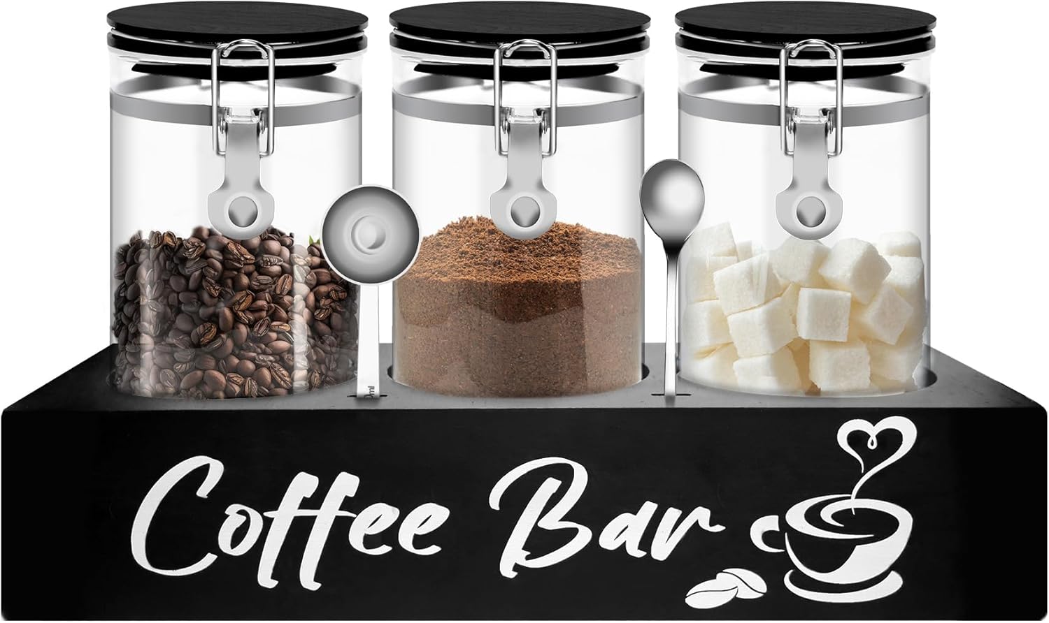 Glass Coffee Containers with Shelf Coffee Station Organizer 54oz Black Glass Coffee Bean Storage Canister with Spoon Coffee Canister Set Kitchen Food Storage Jars for Coffee, Sugar, Candy