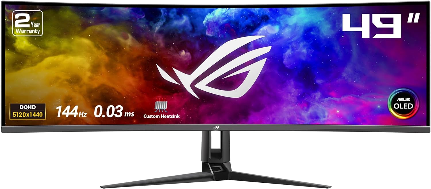 ASUS ROG Swift 49” Curved QD-OLED Gaming Monitor (PG49WCD) – Dual QHD 32:9 (5120×1440), 144Hz, 0.03ms, G-SYNC Compatible, Smart-KVM, 90W USB-C PD