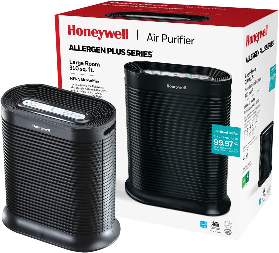 Honeywell AllergenPlus HEPA Air Purifier, Airborne Allergen Reducer for Large Rooms, Reduces Allergens, Smoke, Wildfire Smoke, Pollen, Pet Dander and More, Black, HPA200