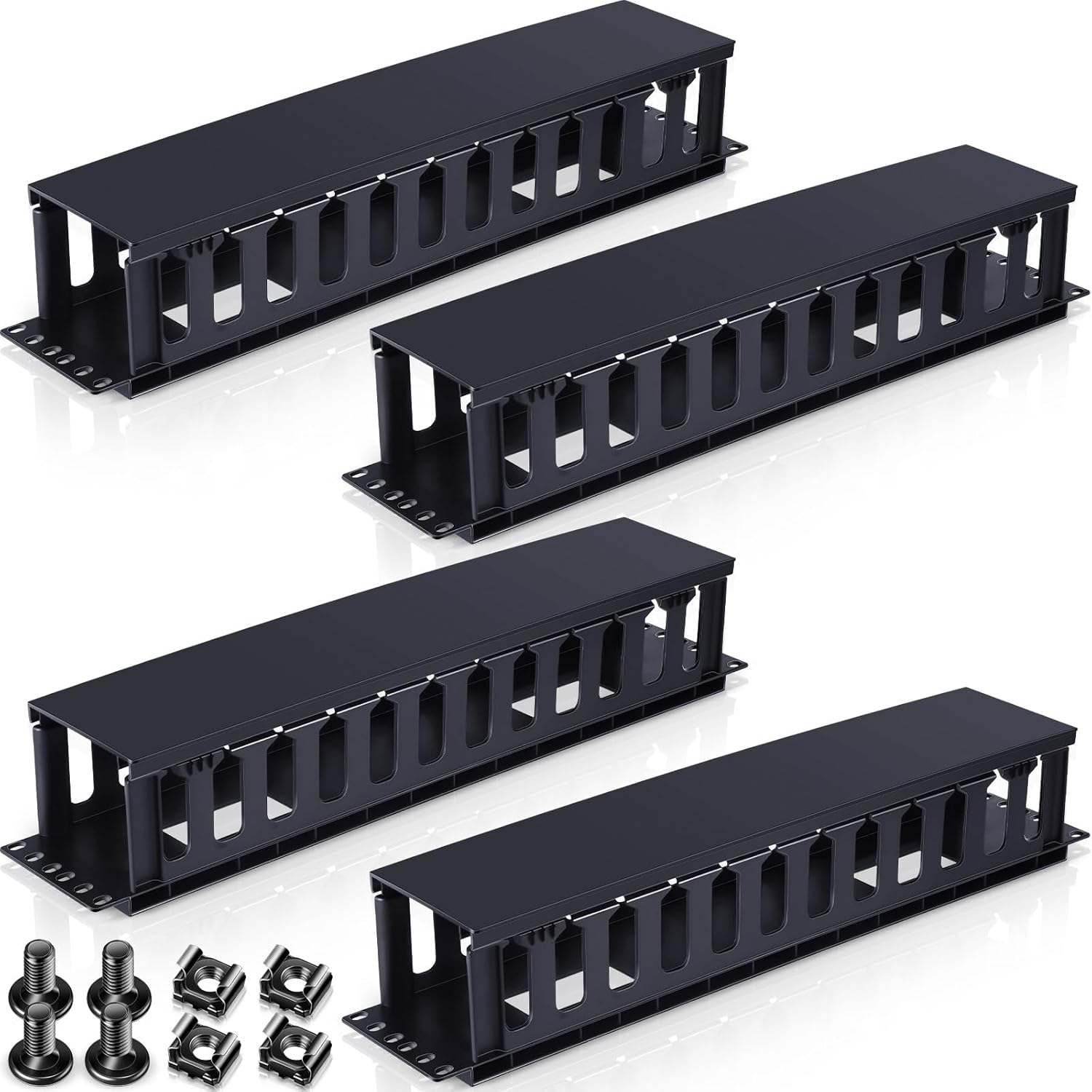 4 Pack 2U Horizontal Rack Mount Cable Management 19 Inch 12 Slots Mount Cable Organizer Cable Duct Organizer Plastic Server Cable Raceways with Panel for Wire Network Rack Wall Shelf Mount, Black