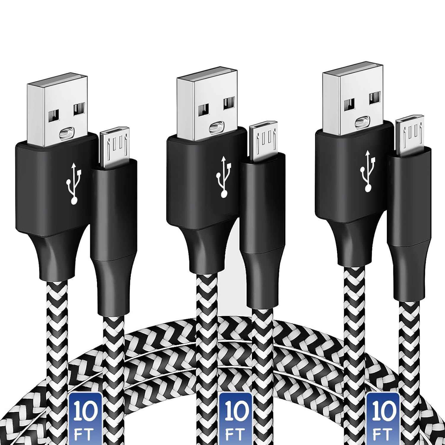 Micro USB Charging Cable 10/10/10FT, 3 Pack Nylon Braided Charger Cables for Samsung, Nexus, LG, Smartphones, Tablets, Kindle, Game Consoles, Cameras, Hard Drives, and More, Black&White