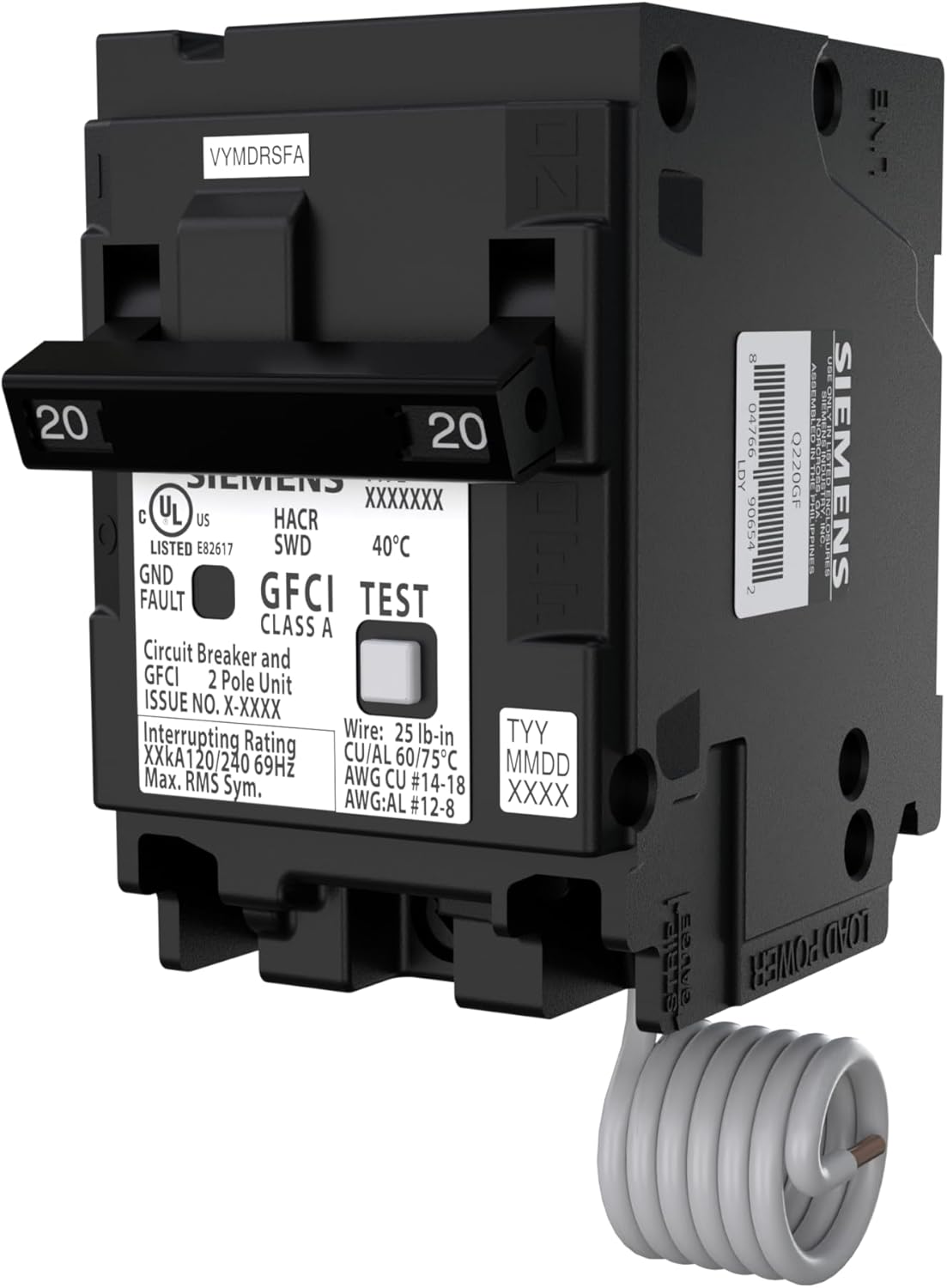 SIEMENS Q220GF Ground Fault Circuit Interrupter, 20 Amp, 2-Pole GFCI Circuit Breaker Replaces QF220A