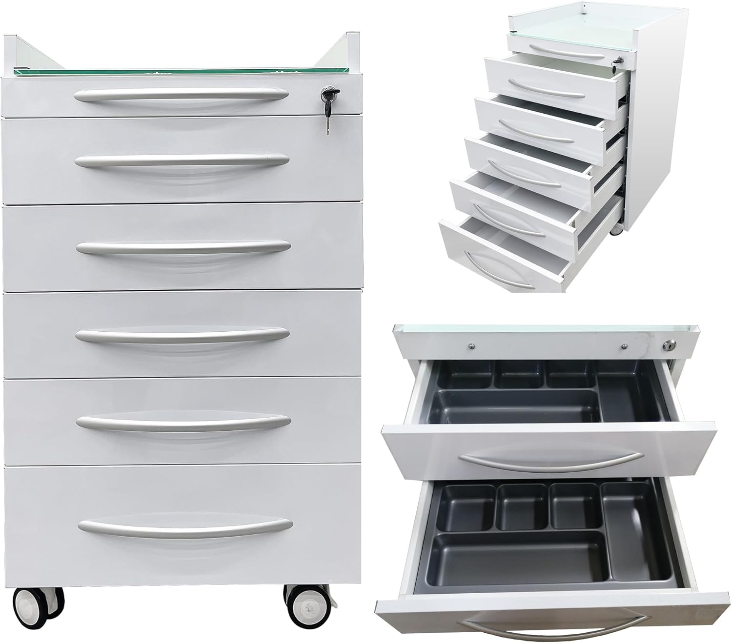 5 Drawer Mobile Office File Storage Cabinet, Stainless Steel White Dental Medical Assistant Cabinet Utility Cart, Glass Countertop with Lock and Wheels and Storage Tray for Office Hospital