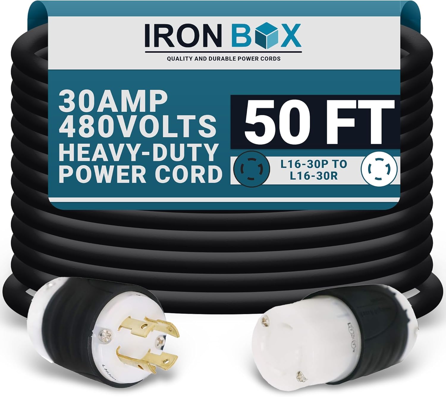 IronBox Electric NEMA L16-30 Plug & Connector Twist Lock Extension Power Cord – 30 Amp, 480V, 8/4 SOOW – Heavy Duty Electrical Adapter – UL Listed Power Generator Cable for Data Centers & More (50 ft)