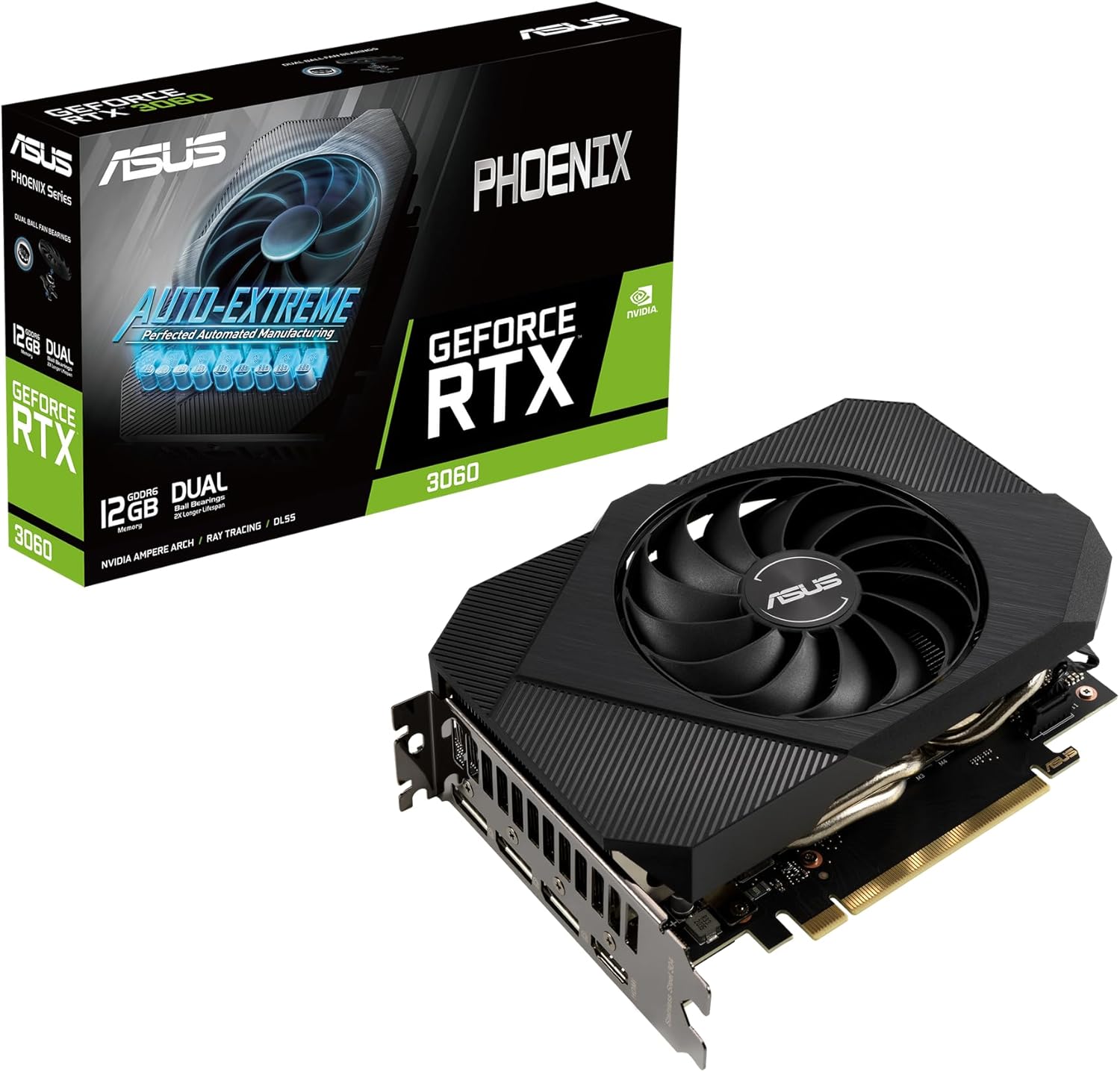 ASUS Phoenix NVIDIA GeForce RTX 3060 V2 Gaming Graphics Card- PCIe 4.0, 12GB GDDR6 memory, HDMI 2.1, DisplayPort 1.4a, Axial-tech Fan Design, Protective Backplate, Dual ball fan bearings, Auto-Extreme