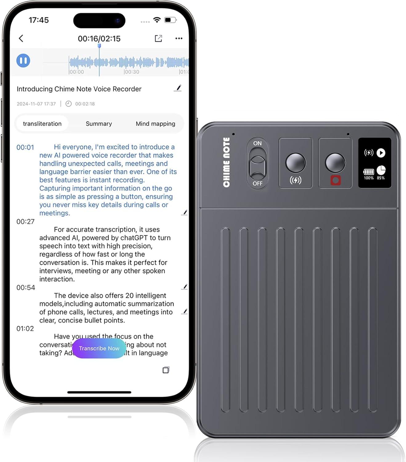 AI Voice Recorder, Audio Recorder, No Fee for Transcribe & Summarize Empowered by ChatGPT, App Control, Support 107 Languages, 64GB Memory, Voice Activated Recorder for Lectures/Meetings/Calls-Grey