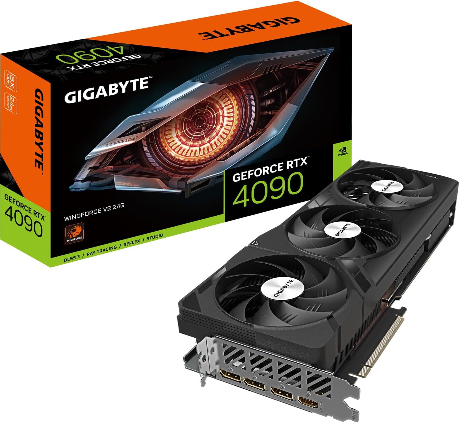 Gigabyte GeForce RTX 4090 WINDFORCE V2 24GB Graphics Card – 24GB DDR6X, PCI-E 4.0, Core 2520Mhz, 3 Fan Windforce Cooling System, Anti-sag Bracket, DP 1.4, HDMI 2.1a, NVIDIA DLSS 3, GV-N4090WF3V2-24GD