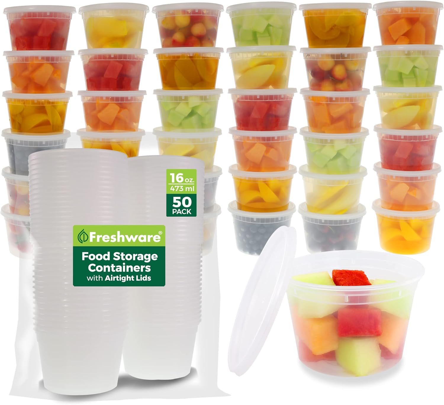 Freshware Food Storage Containers [50 Set] 16 oz Plastic Deli Containers with Lids, Slime, Soup, Meal Prep Containers | BPA Free | Stackable | Leakproof | Microwave/Dishwasher/Freezer Safe