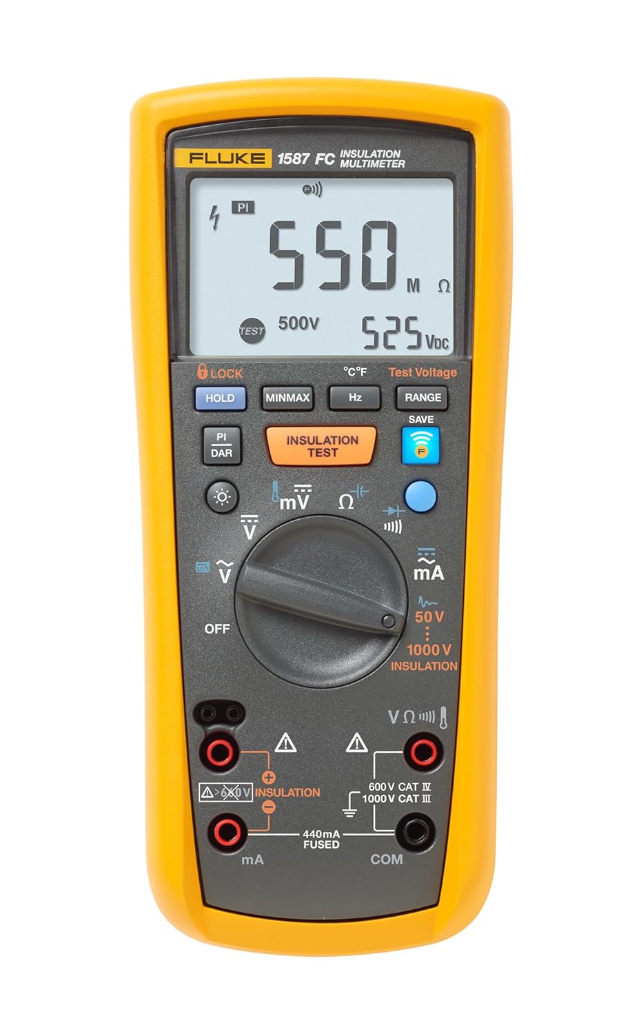 Fluke 1587 FC 2-in-1 Insulation Multimeter, True-RMS, Selectable Insulation Test Voltages Up To 1000 V, Pi/DAR Timed Ratio Tests, Measures Frequency, Includes Low-Pass Filter For Motor Drive VFD