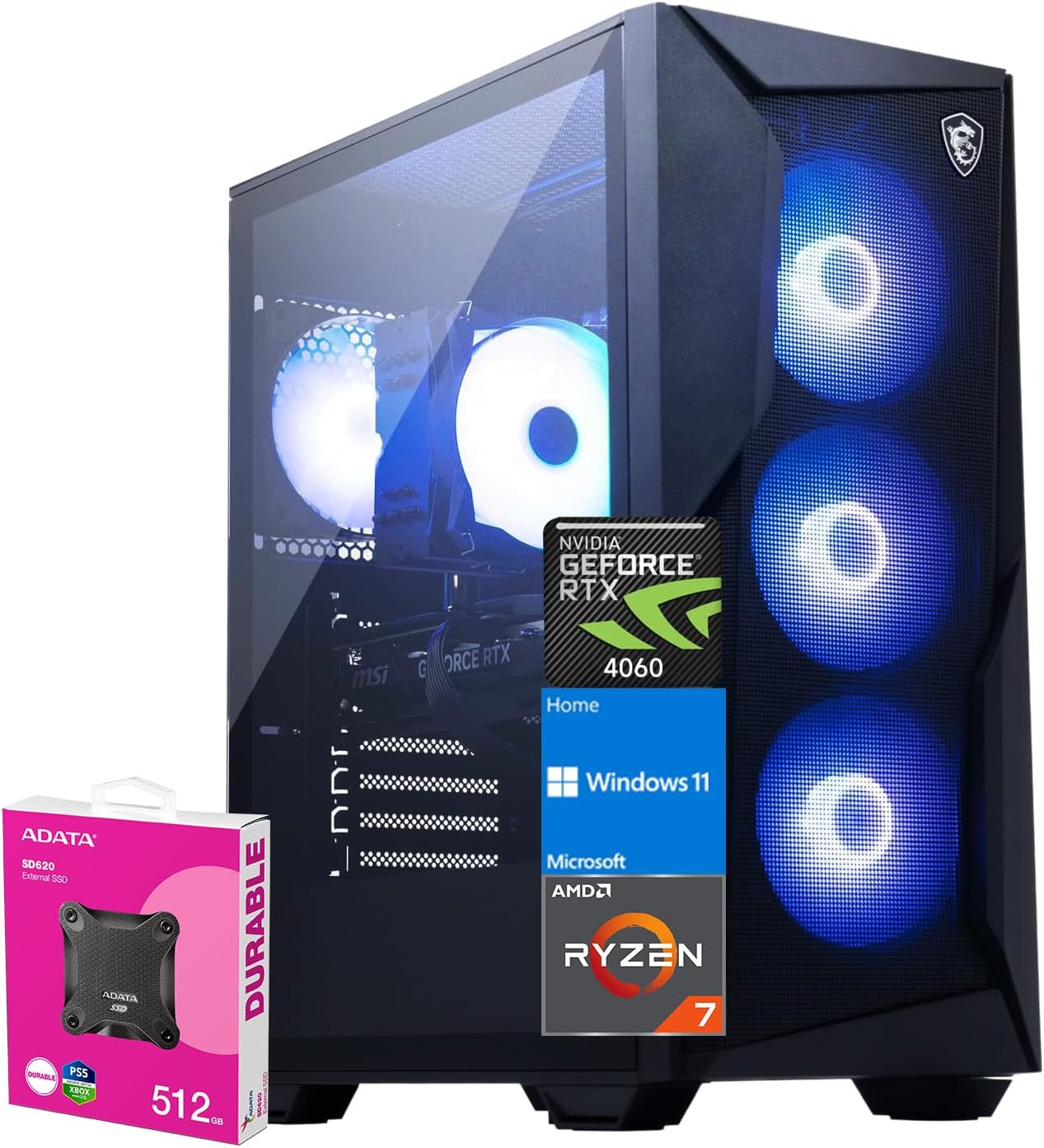 MSI Codex Z2 Newest Ryzen 7 4060 Gaming Desktop, AMD Ryzen 7 8700F NVIDIA RTX 4060, 64GB DDR5 RAM, 2TB SSD, RGB Keyboard & Mouse, VR-Ready, Wi-Fi 6, Windows 11 Home, with Adata 512 GB External SSD